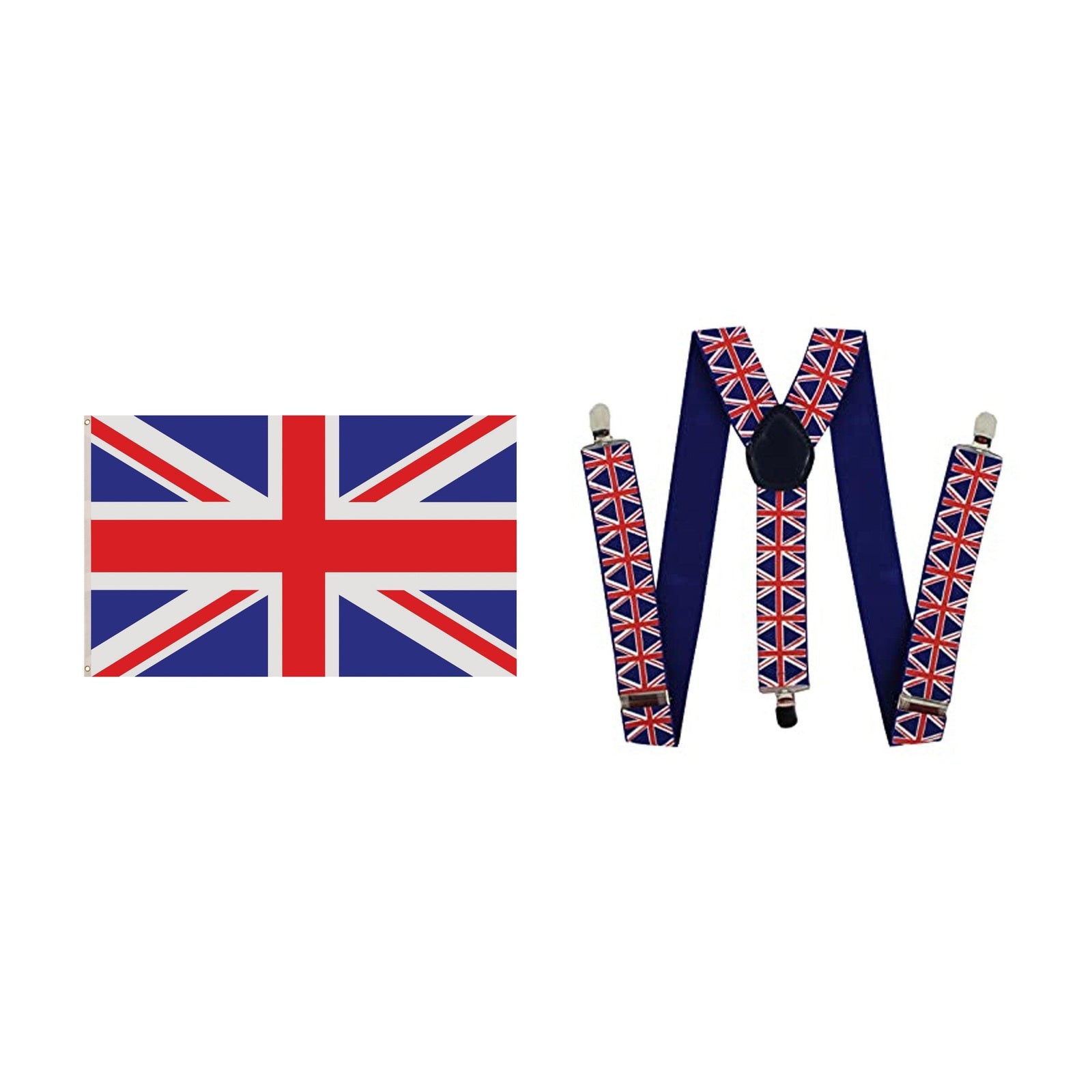 England Party Set – Union Jack 5ft x 3ft Flag, Union Jack Braces complete set on white background
