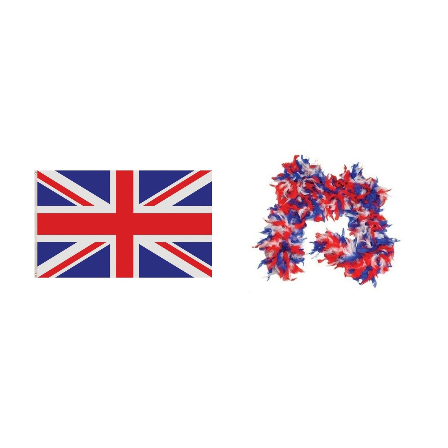 England Party Set – Union Jack 5ft x 3ft Flag, Union Jack Feather Boa complete set on white background