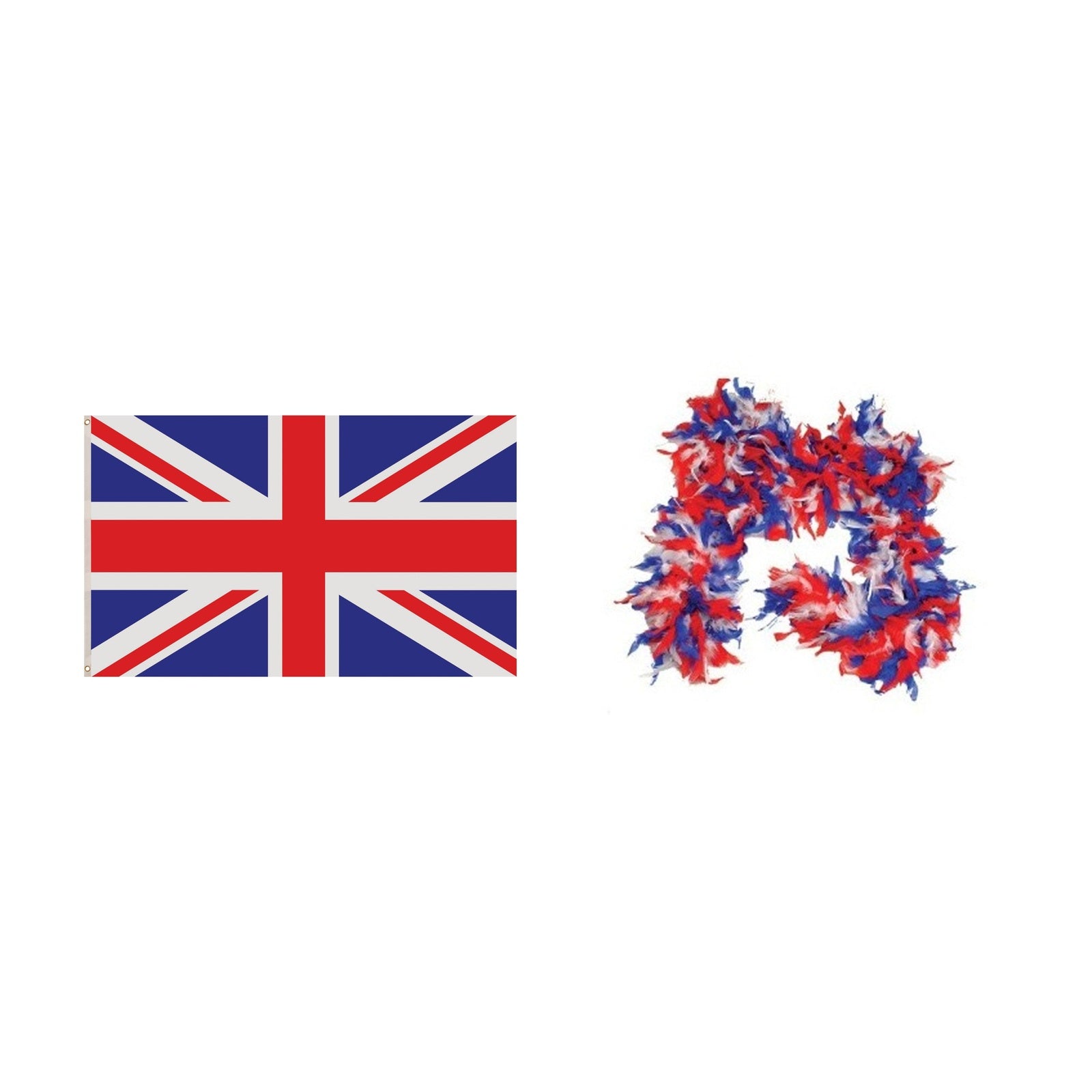 England Party Set – Union Jack 5ft x 3ft Flag, Union Jack Feather Boa complete set on white background