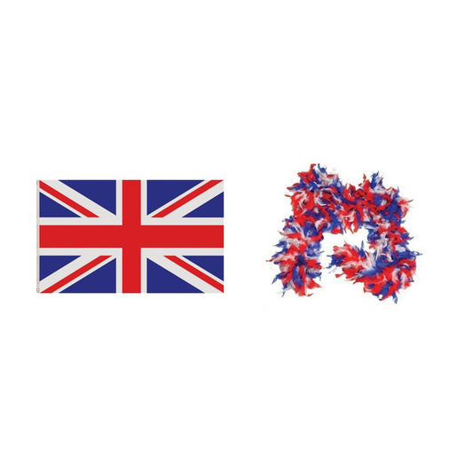 England Party Set – Union Jack 5ft x 3ft Flag, Union Jack Feather Boa complete set on white background