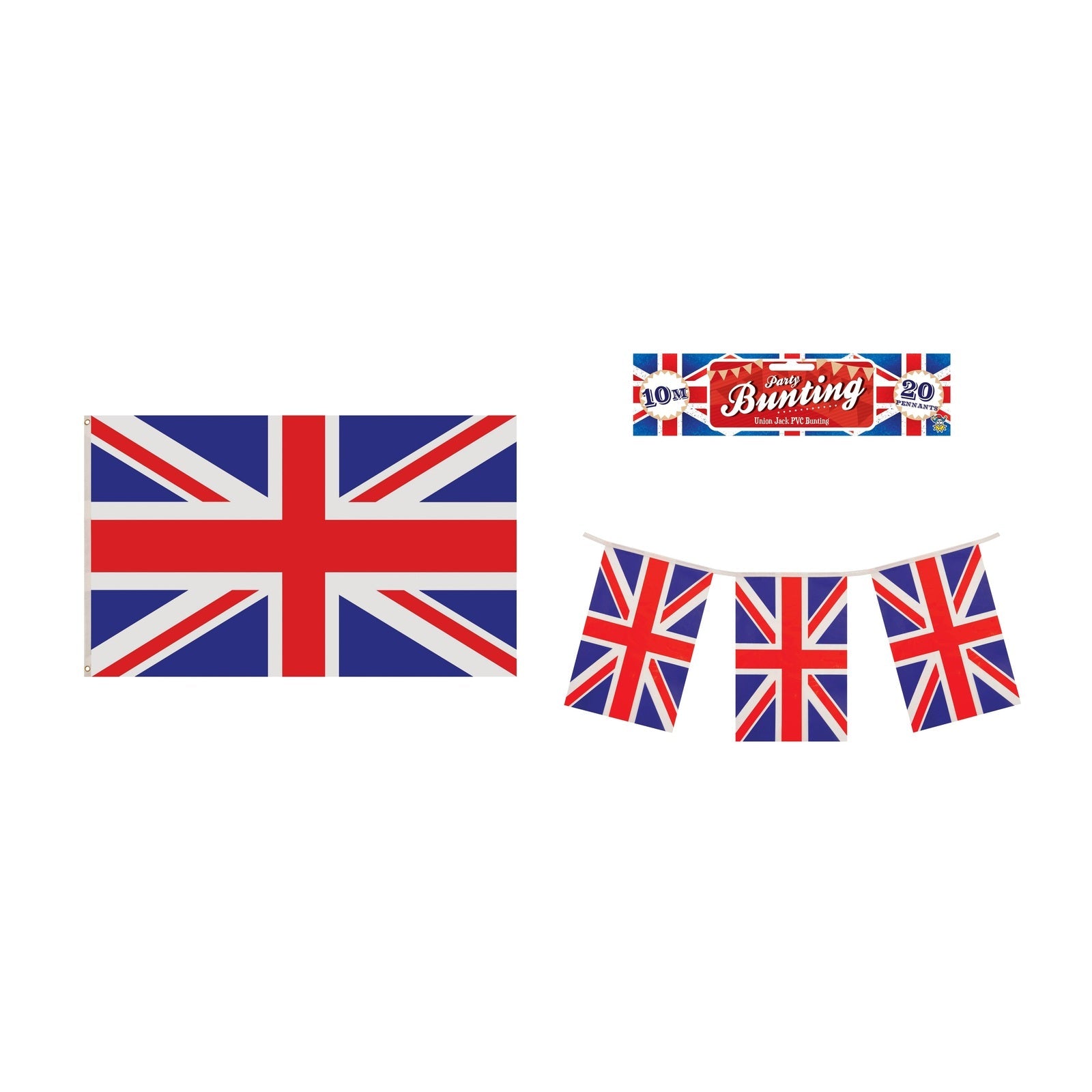 England Party Set – Union Jack 5ft x 3ft Flag, Union Jack Flag Bunting complete set on white background