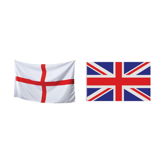 England Party Set – Union Jack 5ft x 3ft Flag, England St George 5ft x 3ft Flag complete set on white background