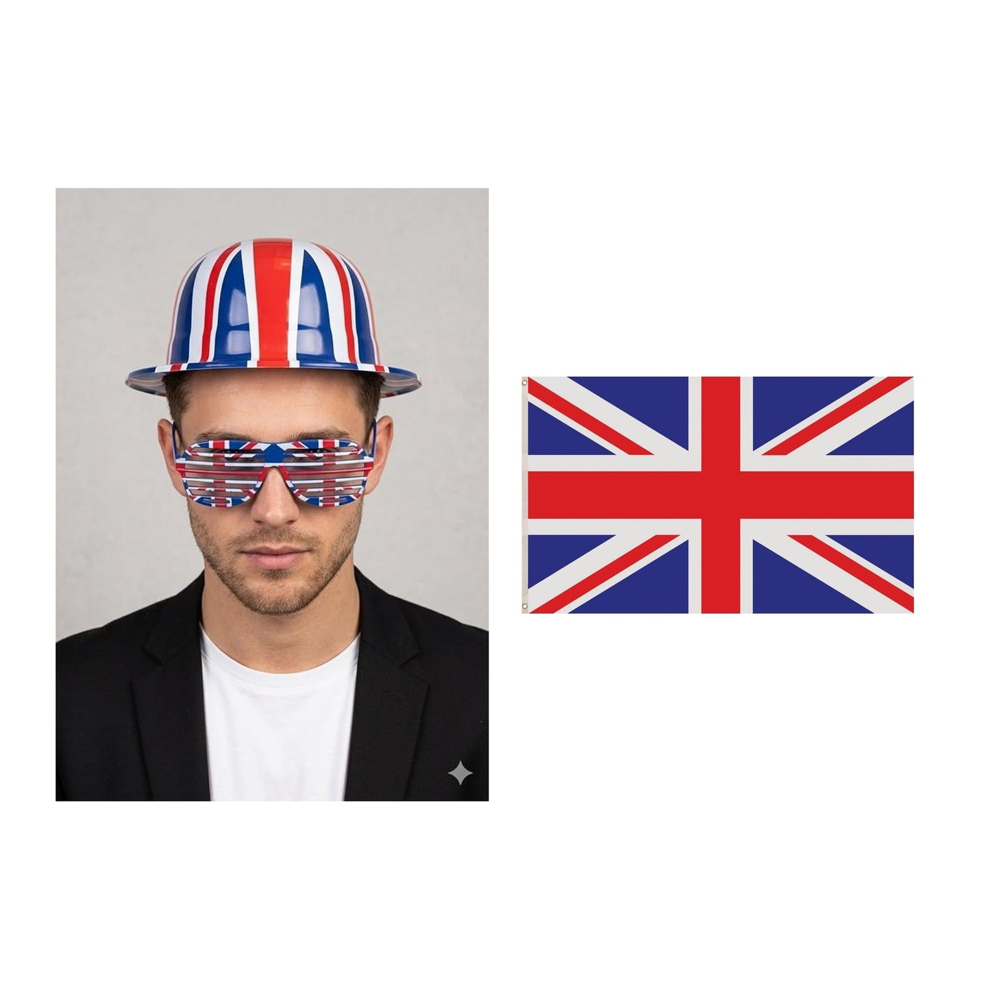 England Party Set – Union Jack 5ft x 3ft Flag, Union Jack Bowler Hat & Shutter Glasses complete set on white background
