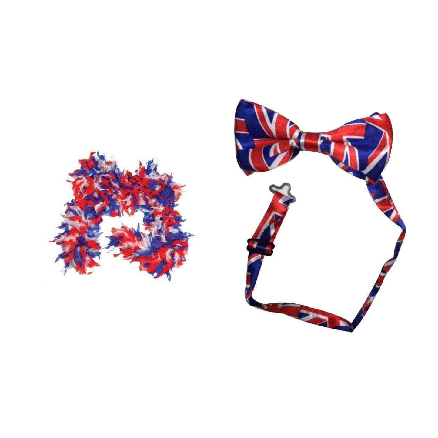 England Party Set – Union Jack Bow Tie, Union Jack Feather Boa complete set on white background
