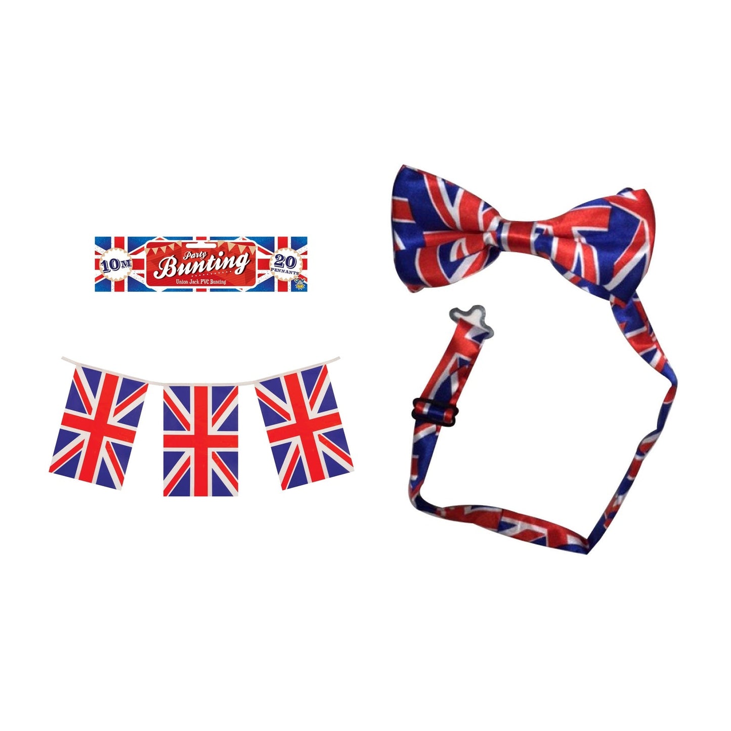 England Party Set – Union Jack Bow Tie, Union Jack Flag Bunting complete set on white background