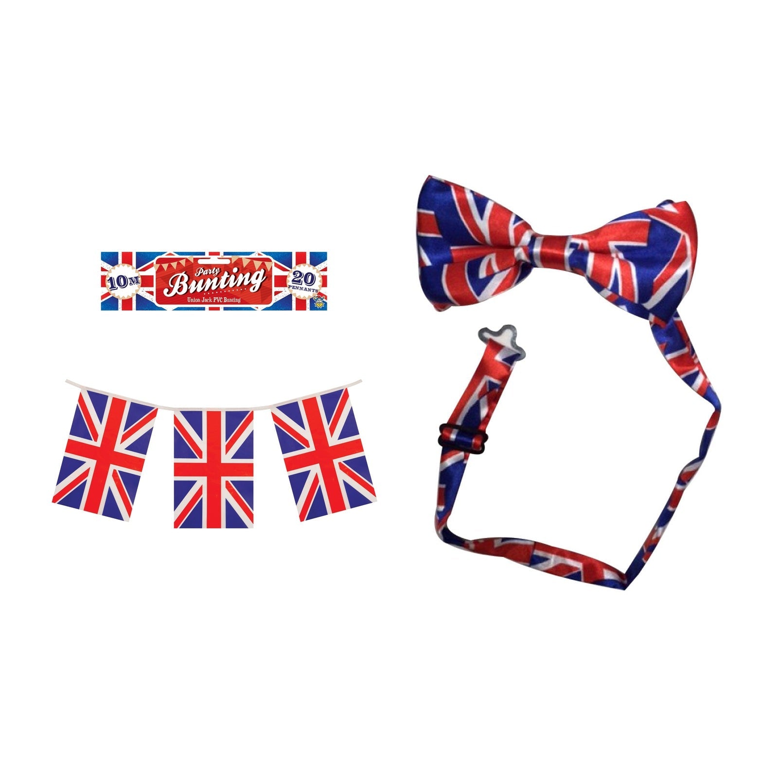 England Party Set – Union Jack Bow Tie, Union Jack Flag Bunting complete set on white background