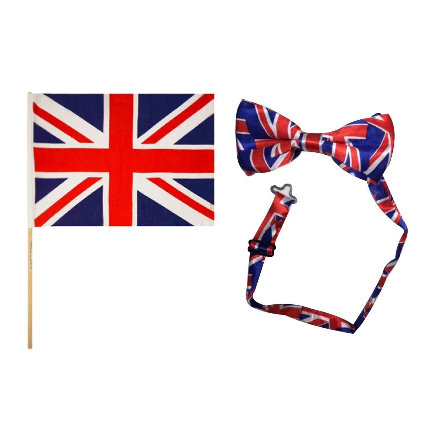 England Party Set – Union Jack Bow Tie, Union Jack Hand Flag complete set on white background