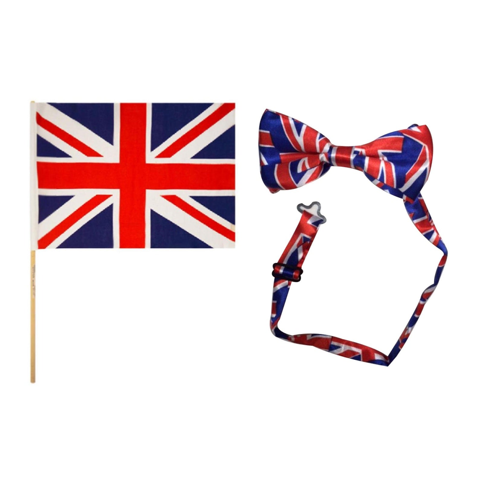 England Party Set – Union Jack Bow Tie, Union Jack Hand Flag complete set on white background