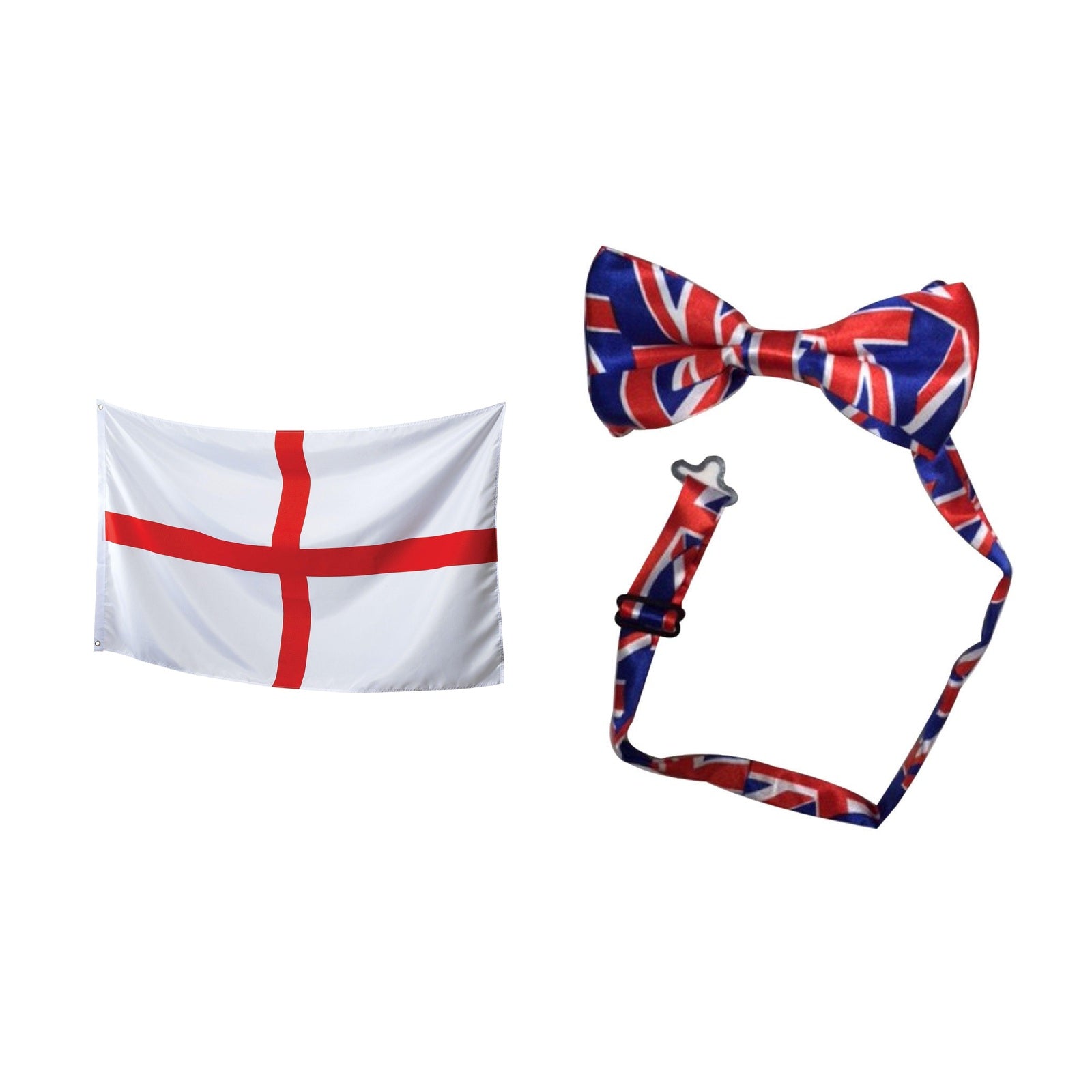 England Party Set – Union Jack Bow Tie, England St George 5ft x 3ft Flag complete set on white background
