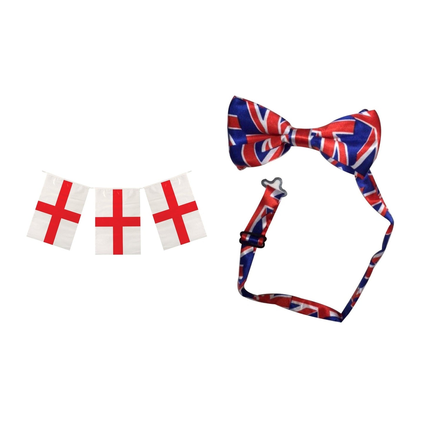 England Party Set – Union Jack Bow Tie, England St George 10m Bunting complete set on white background