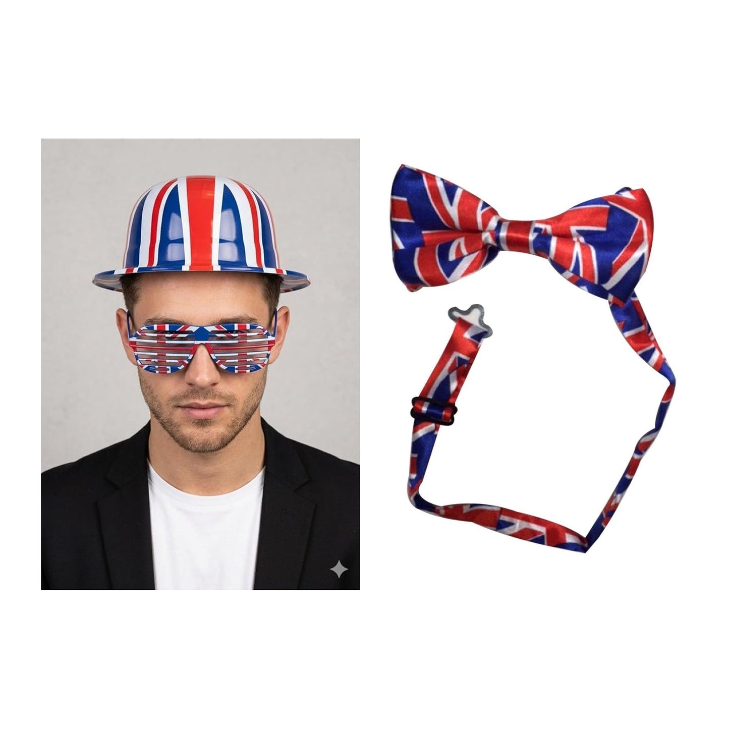 England Party Set – Union Jack Bow Tie, Union Jack Bowler Hat & Shutter Glasses complete set on white background