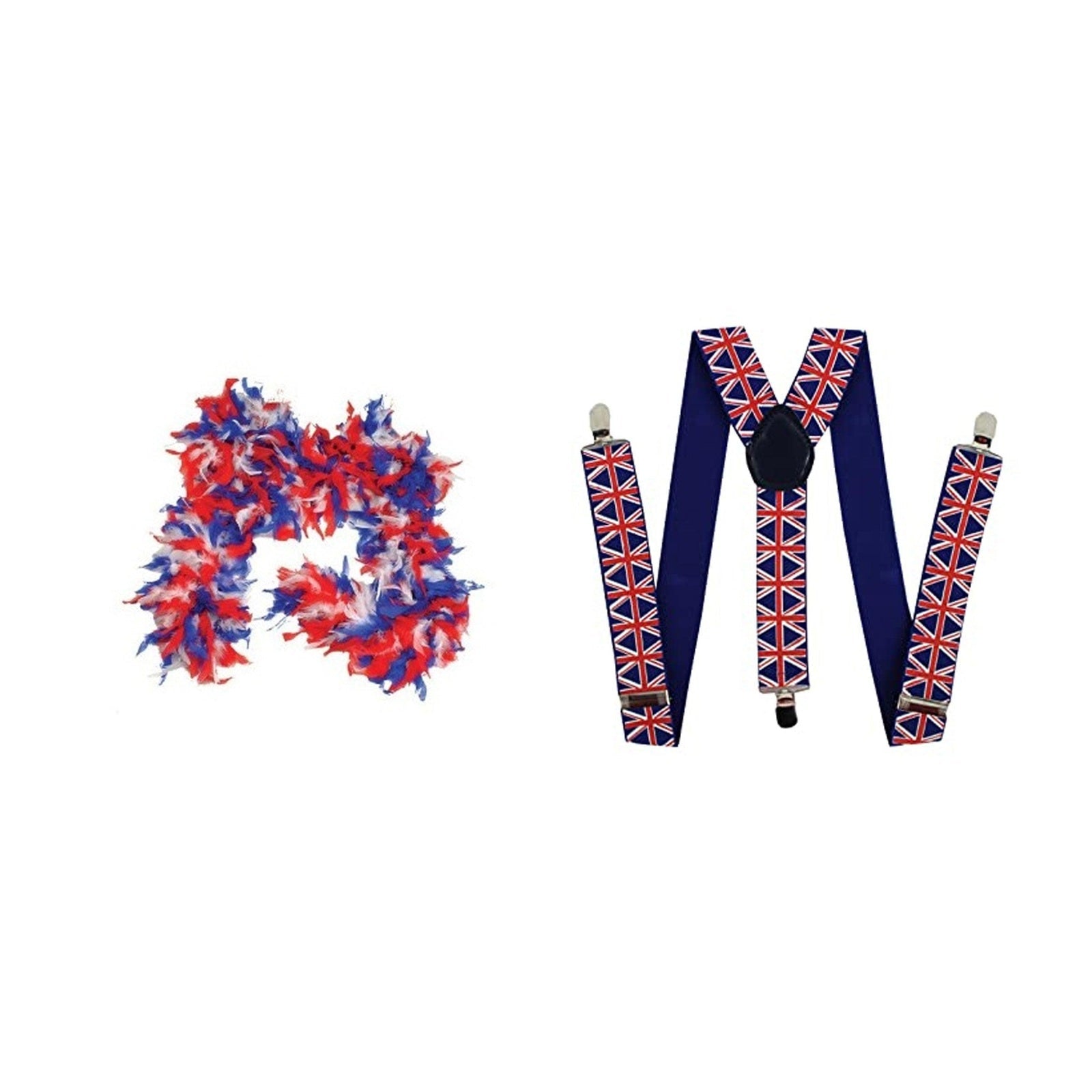 England Party Set – Union Jack Braces, Union Jack Feather Boa complete set on white background