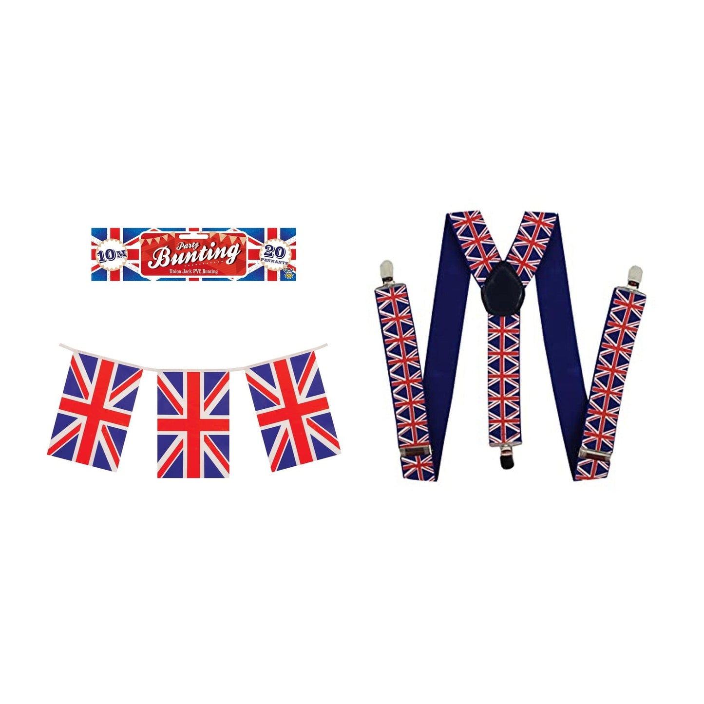England Party Set – Union Jack Braces, Union Jack Flag Bunting complete set on white background