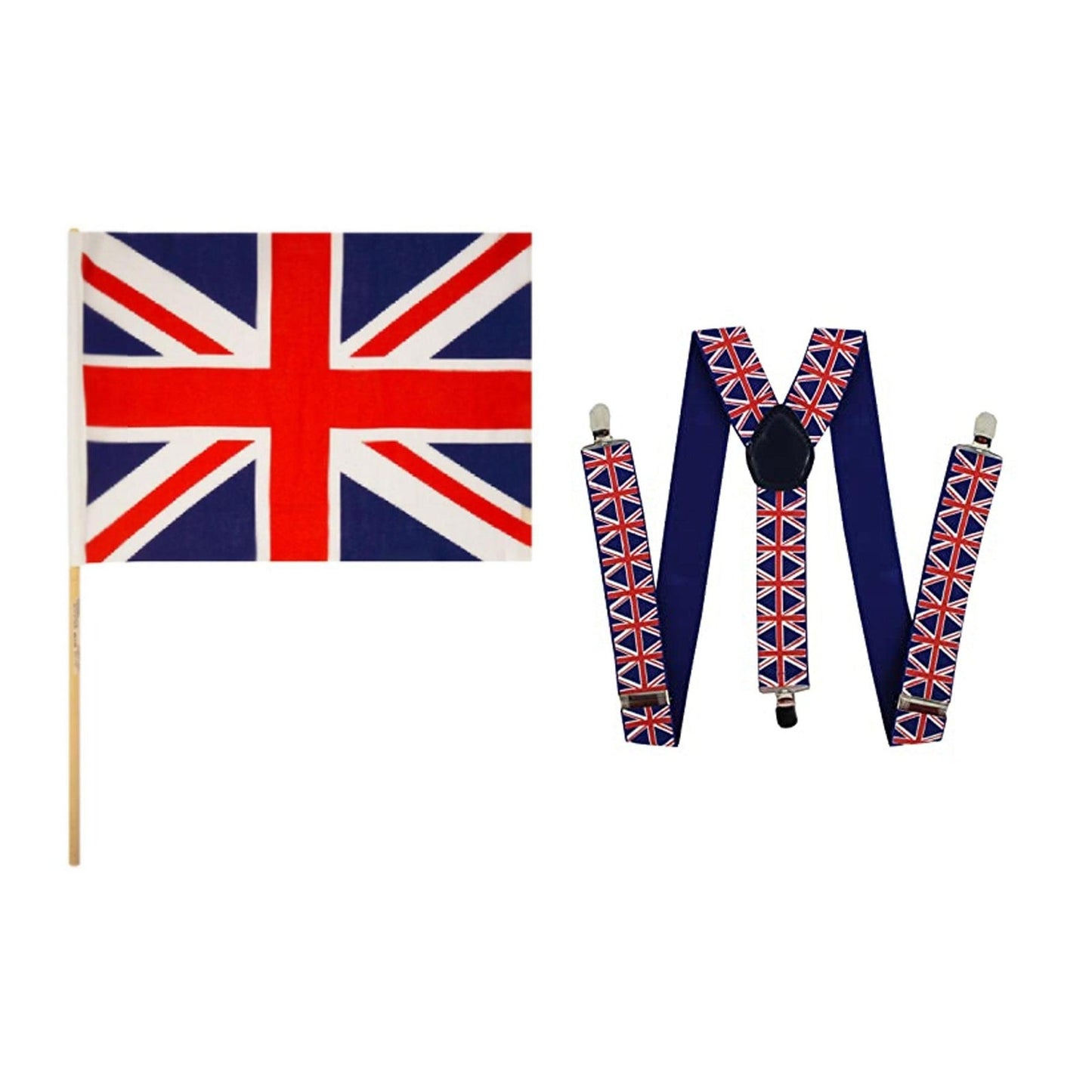 England Party Set – Union Jack Braces, Union Jack Hand Flag complete set on white background