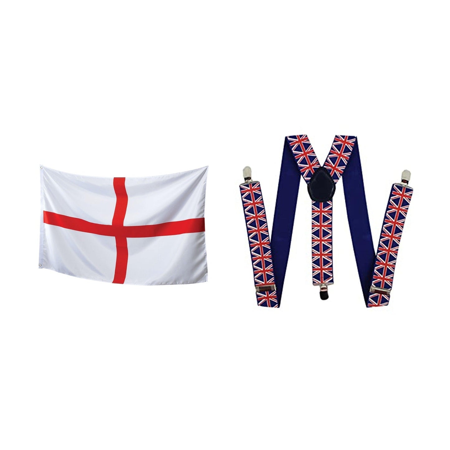 England Party Set – Union Jack Braces, England St George 5ft x 3ft Flag complete set on white background