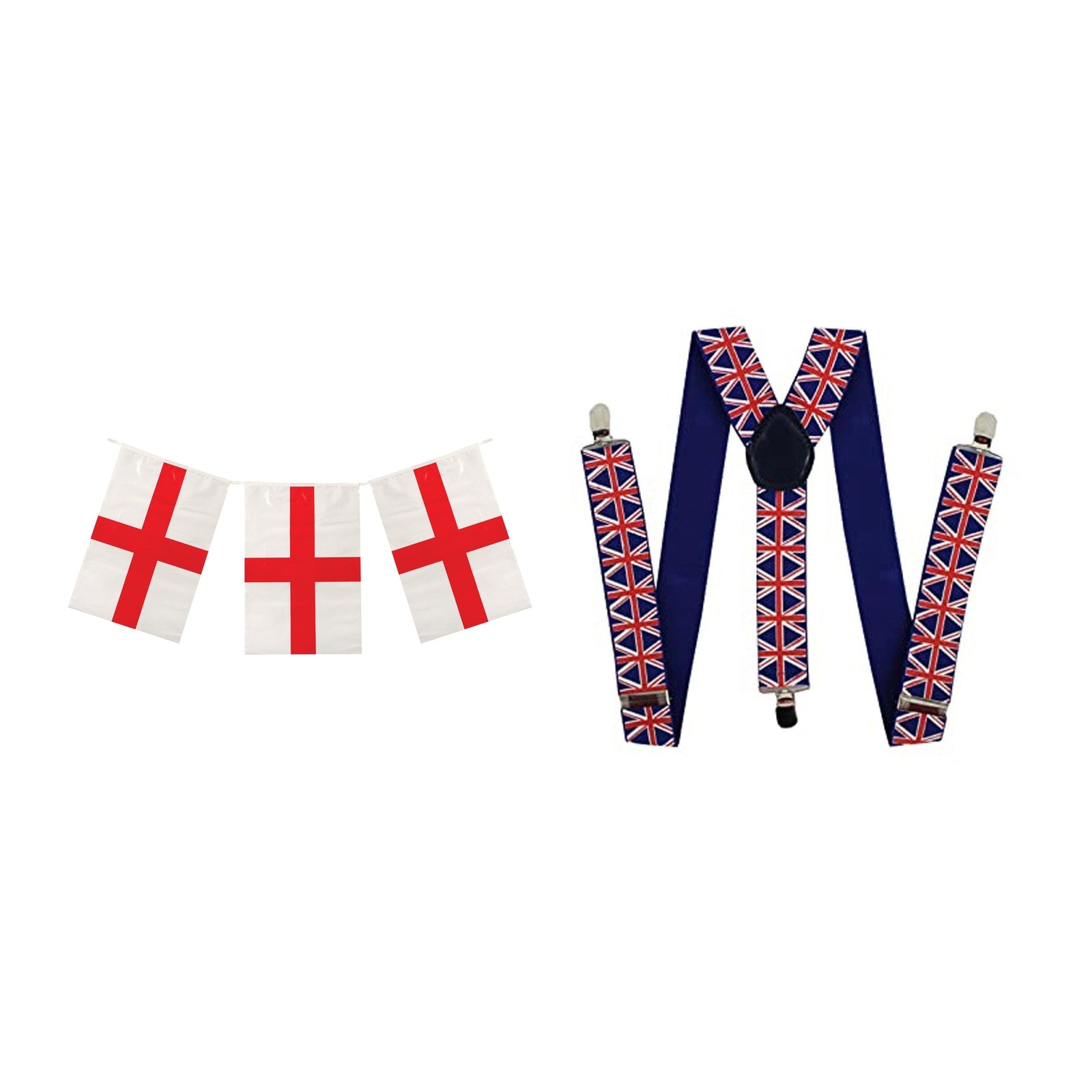 England Party Set – Union Jack Braces, England St George 10m Bunting complete set on white background