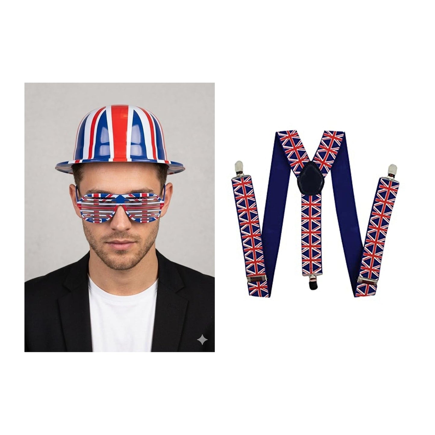 England Party Set – Union Jack Braces, Union Jack Bowler Hat & Shutter Glasses complete set on white background