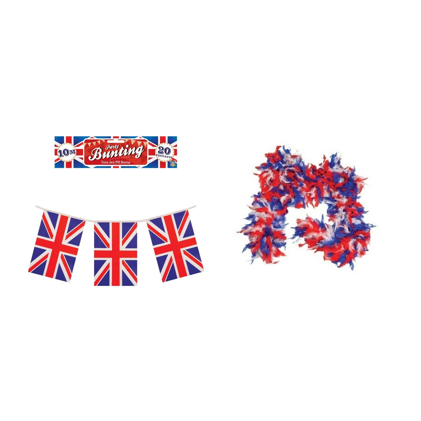 England Party Set – Union Jack Feather Boa, Union Jack Flag Bunting complete set on white background