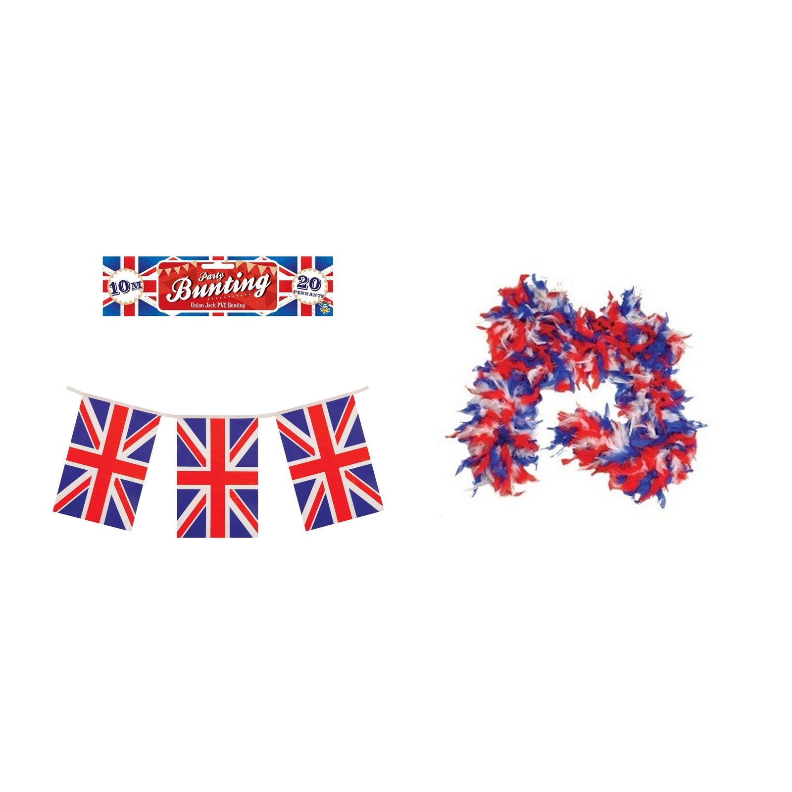 England Party Set – Union Jack Feather Boa, Union Jack Flag Bunting complete set on white background