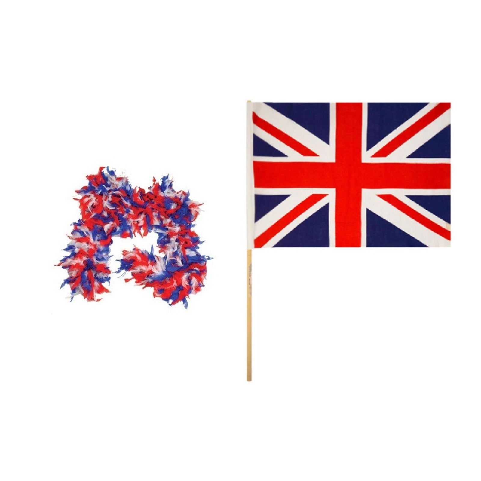 England Party Set – Union Jack Feather Boa, Union Jack Hand Flag complete set on white background