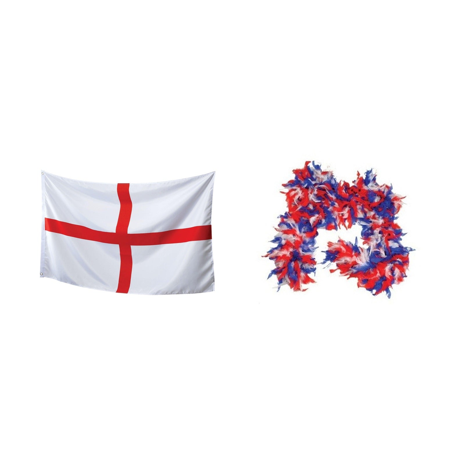 England Party Set – Union Jack Feather Boa, England St George 5ft x 3ft Flag complete set on white background