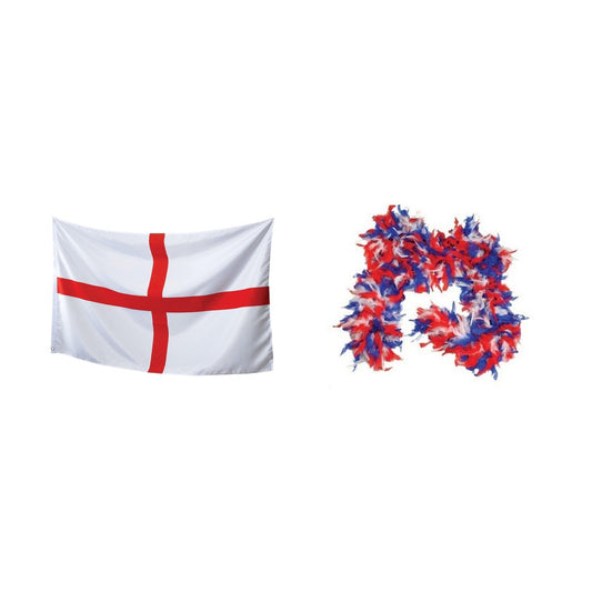 England Party Set – Union Jack Feather Boa, England St George 5ft x 3ft Flag complete set on white background