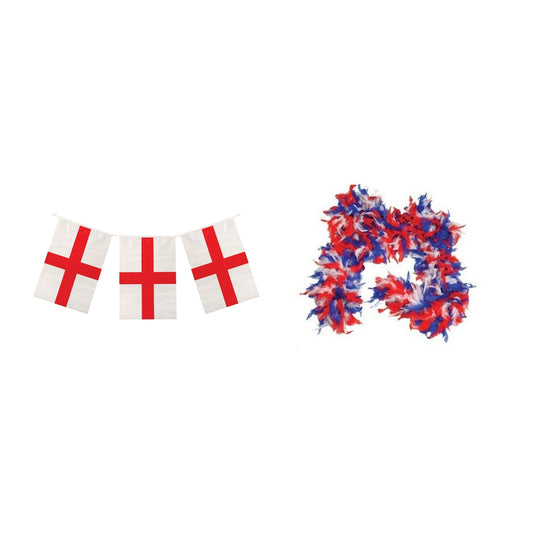 England Party Set – Union Jack Feather Boa, England St George 10m Bunting complete set on white background