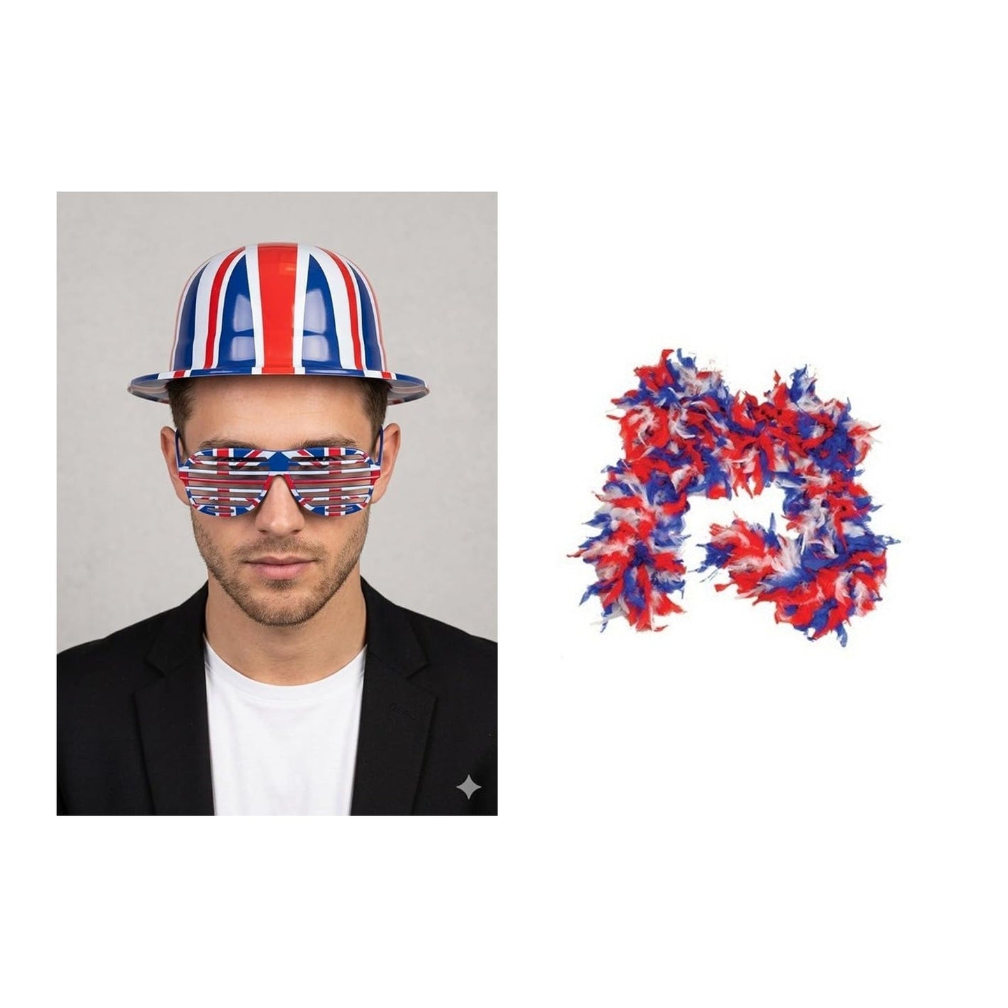 England Party Set – Union Jack Feather Boa, Union Jack Bowler Hat & Shutter Glasses complete set on white background