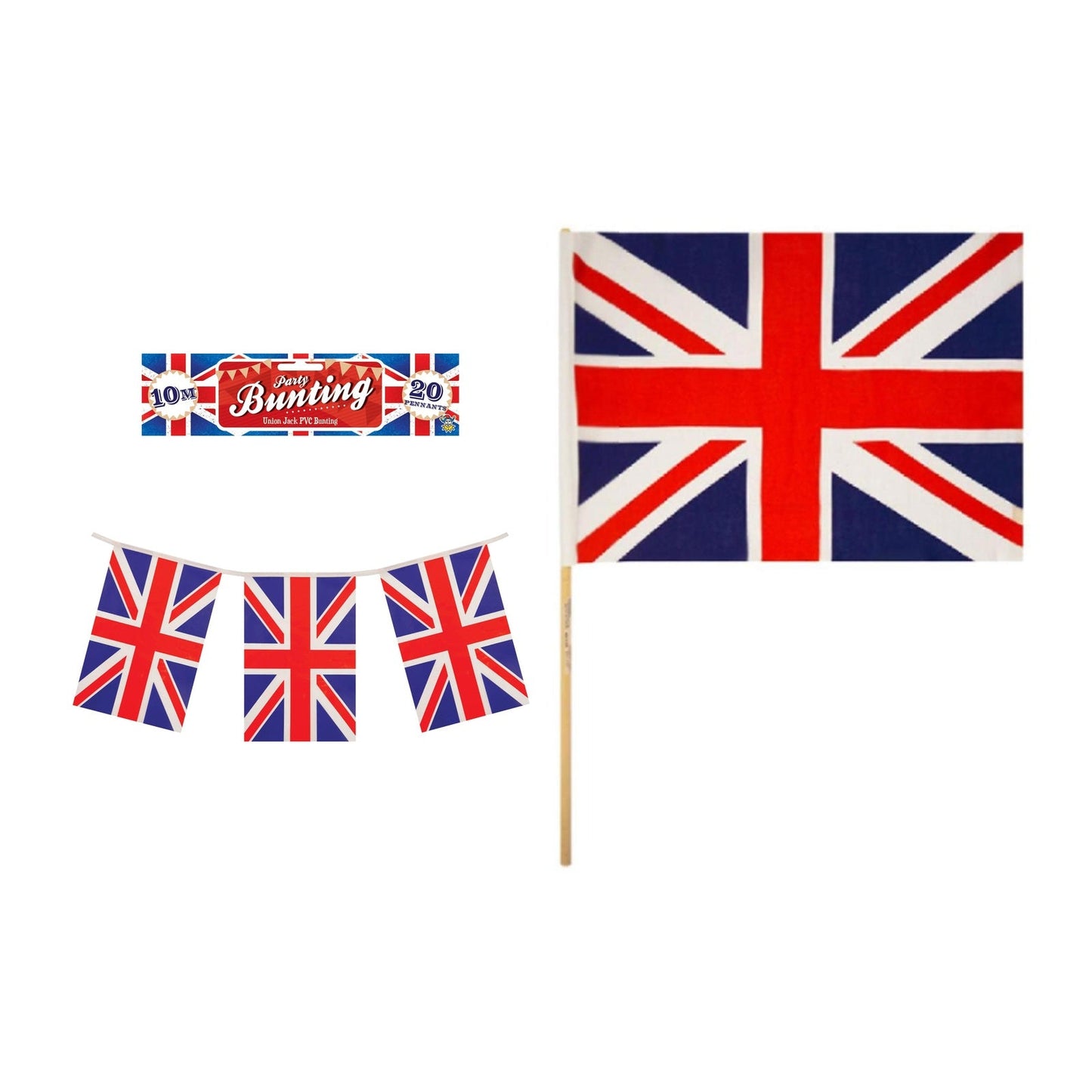 England Party Set – Union Jack Flag Bunting, Union Jack Hand Flag complete set on white background