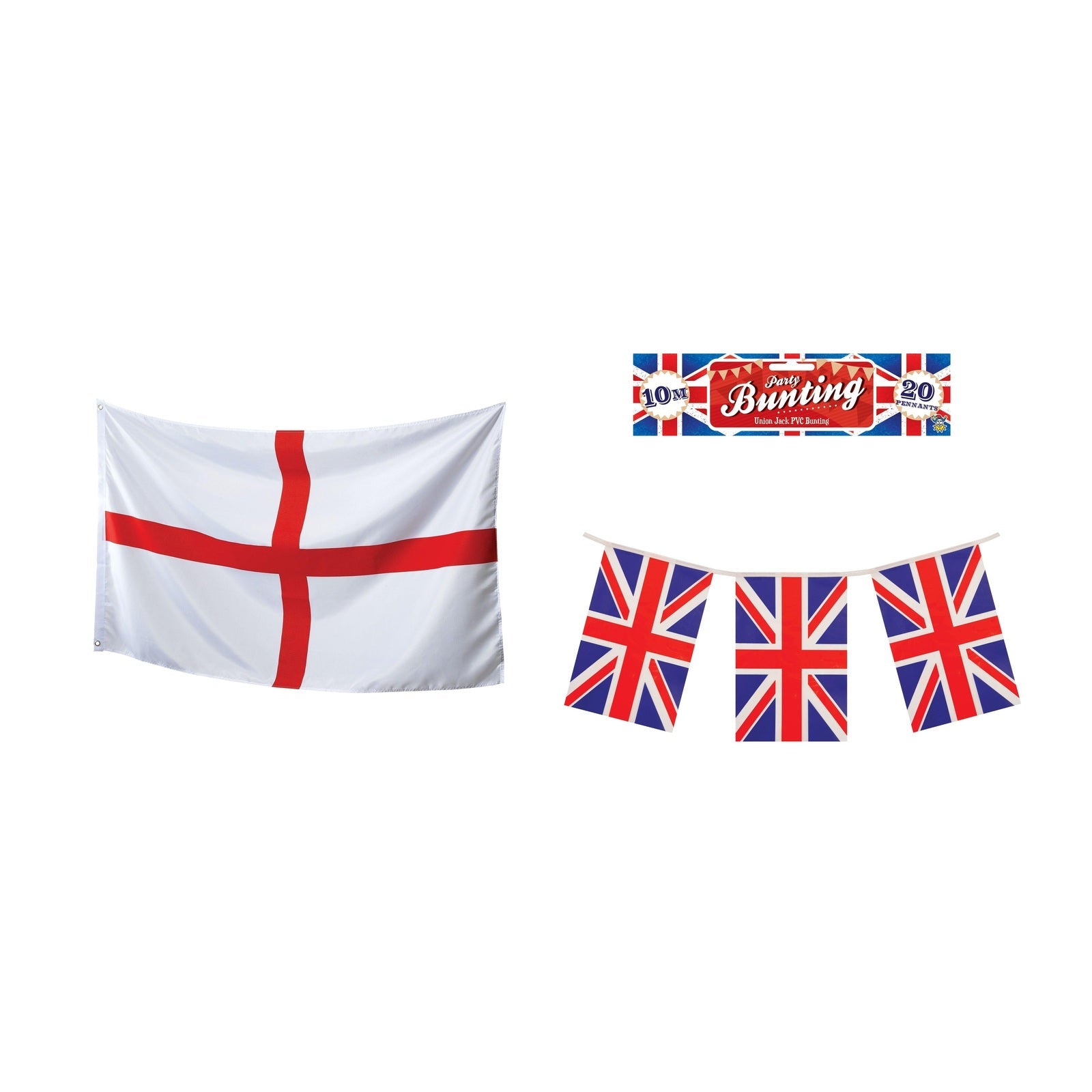 England Party Set – Union Jack Flag Bunting, England St George 5ft x 3ft Flag complete set on white background