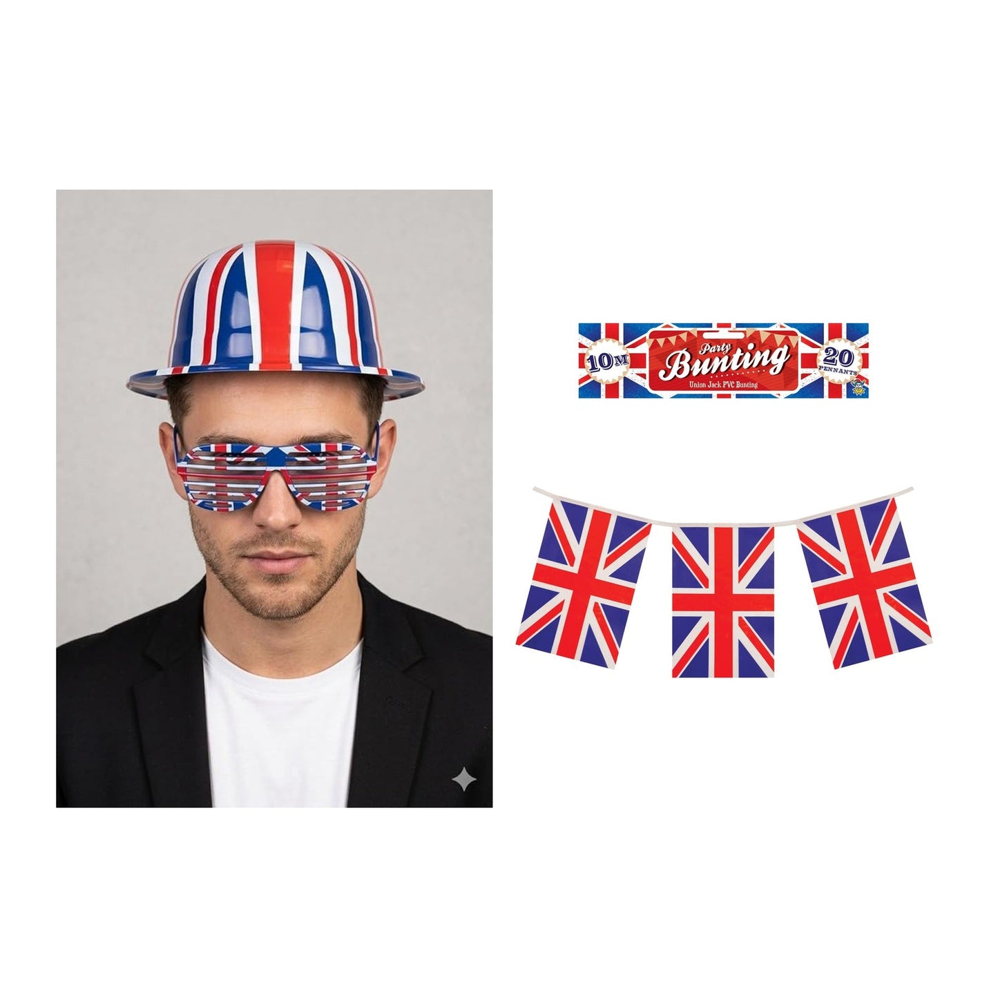 England Party Set – Union Jack Flag Bunting, Union Jack Bowler Hat & Shutter Glasses complete set on white background