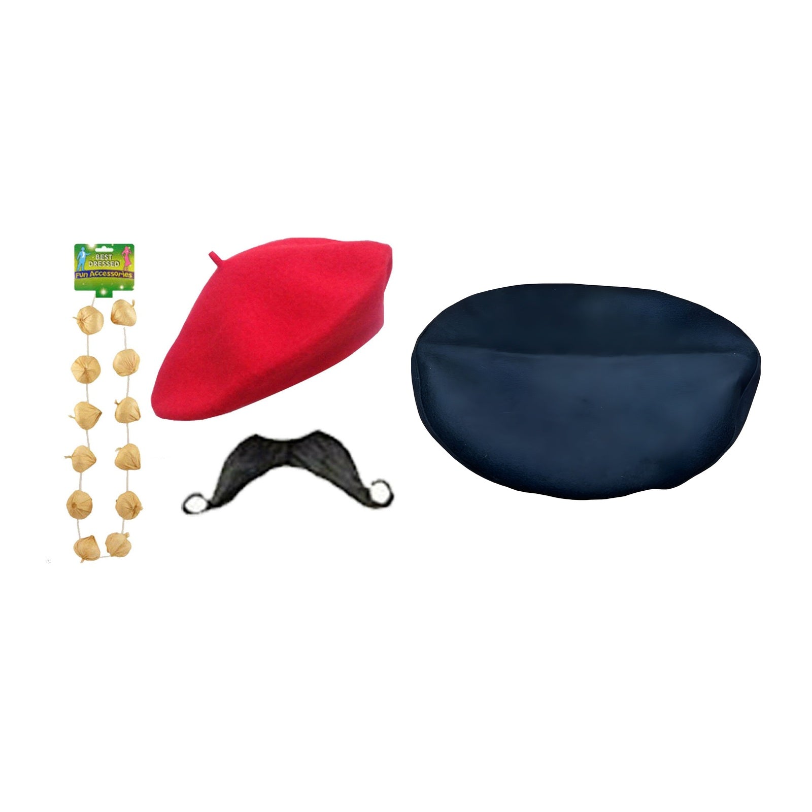France Party Set – Black French Beret, Red Beret, Garlic Garland & Moustache Set complete set on white background
