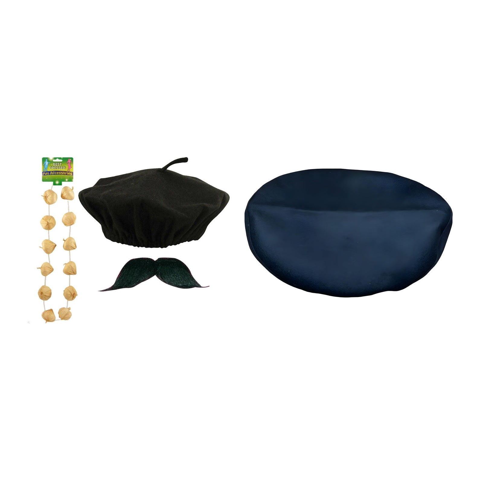 France Party Set – Black French Beret, Black Beret, Garlic Garland & Moustache Set complete set on white background