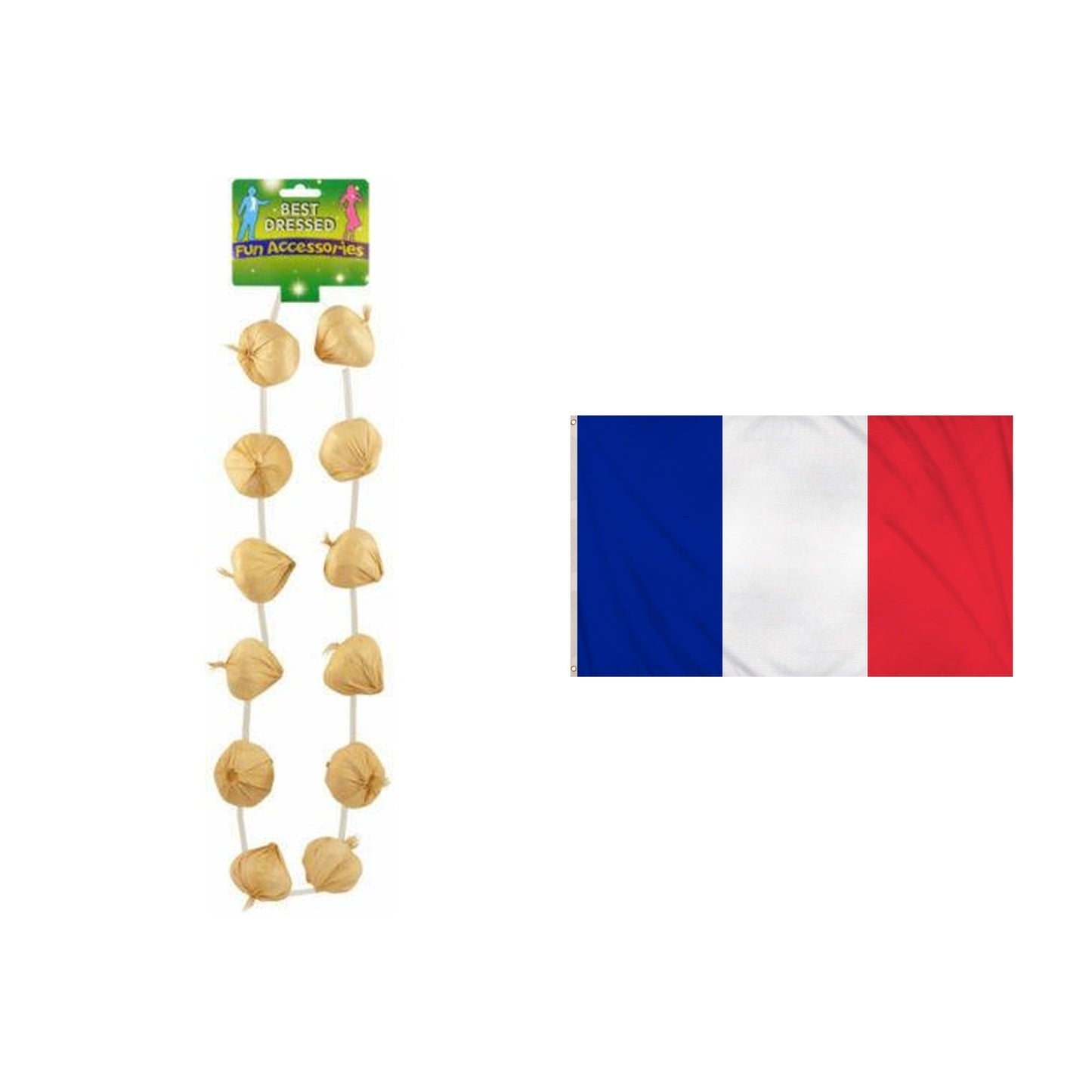 France Party Set – France 5ft x 3ft National Flag, French Garlic Garland Necklace complete set on white background