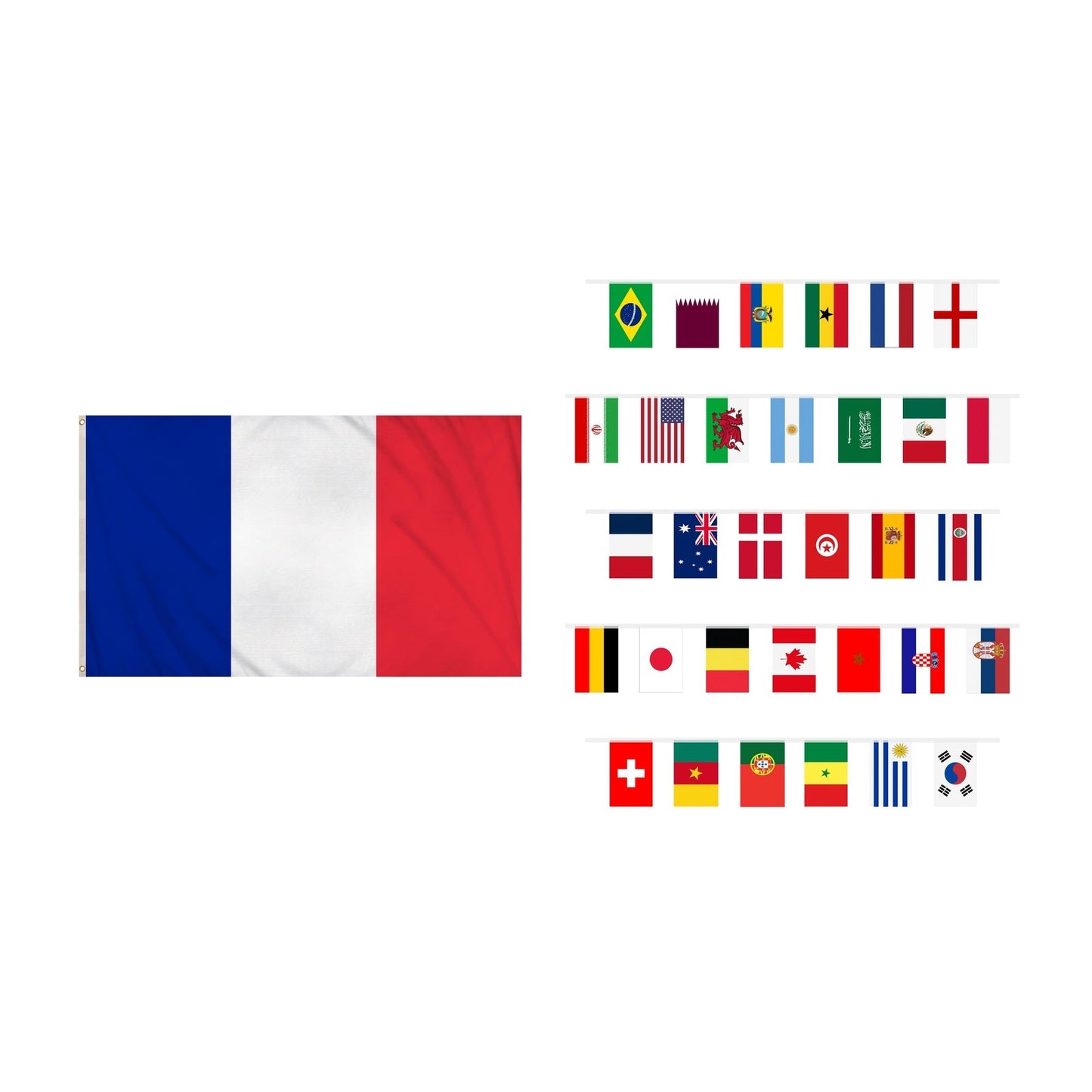 France Party Set – France 5ft x 3ft National Flag, World Flags 7m Bunting complete set on white background