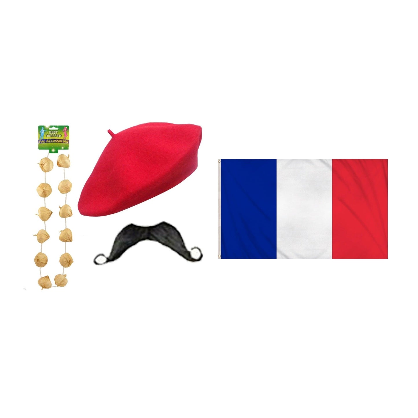 France Party Set – France 5ft x 3ft National Flag, Red Beret, Garlic Garland & Moustache Set complete set on white background