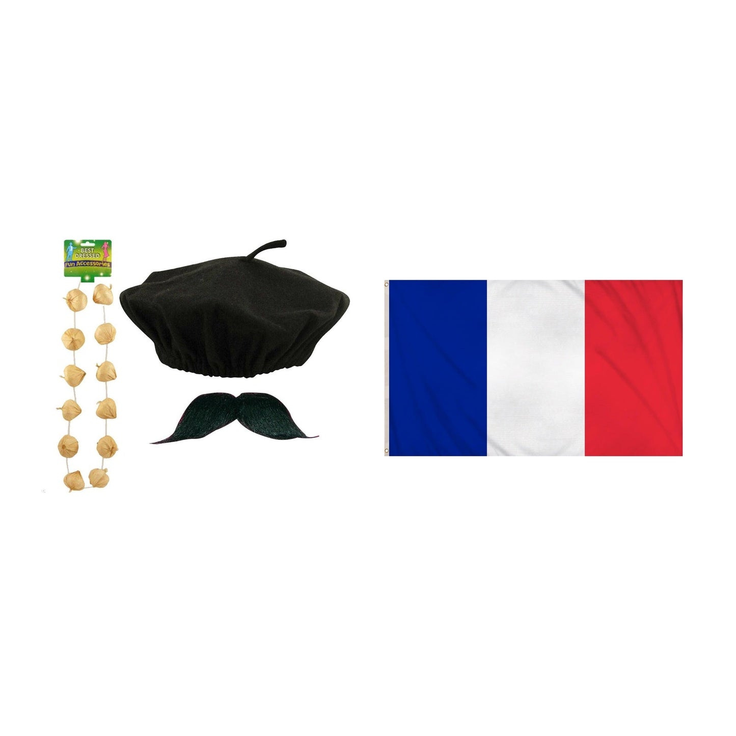 France Party Set – France 5ft x 3ft National Flag, Black Beret, Garlic Garland & Moustache Set complete set on white background