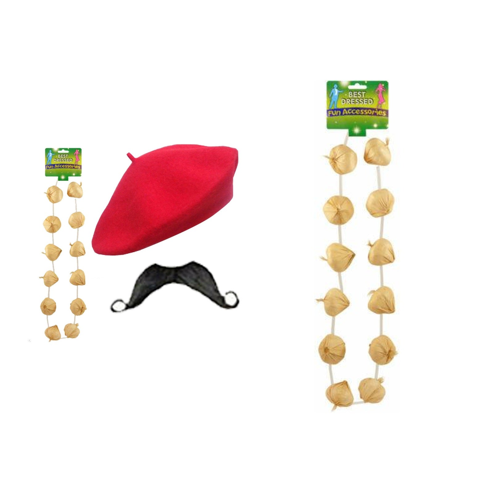 France Party Set – French Garlic Garland Necklace, Red Beret, Garlic Garland & Moustache Set complete set on white background