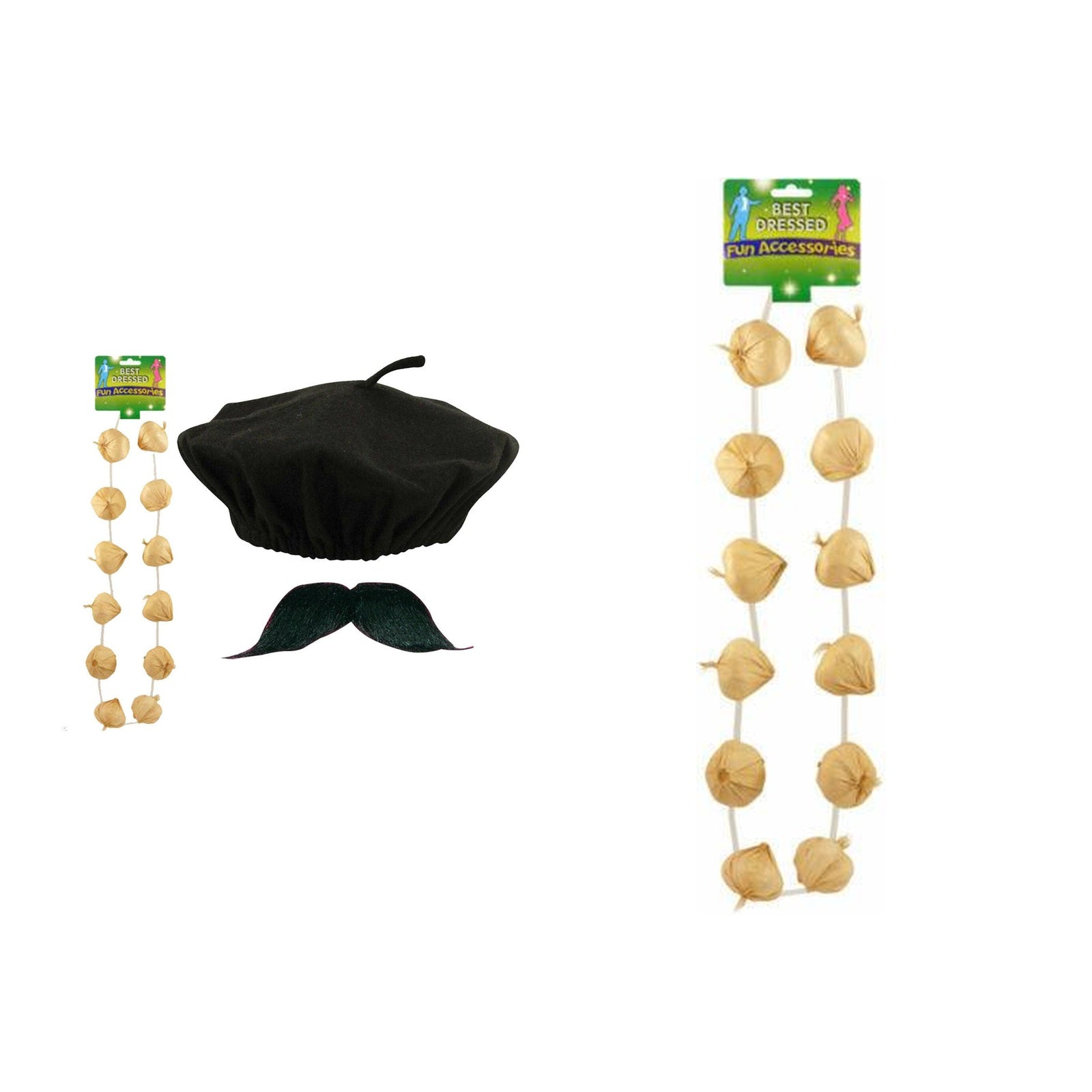France Party Set – French Garlic Garland Necklace, Black Beret, Garlic Garland & Moustache Set complete set on white background