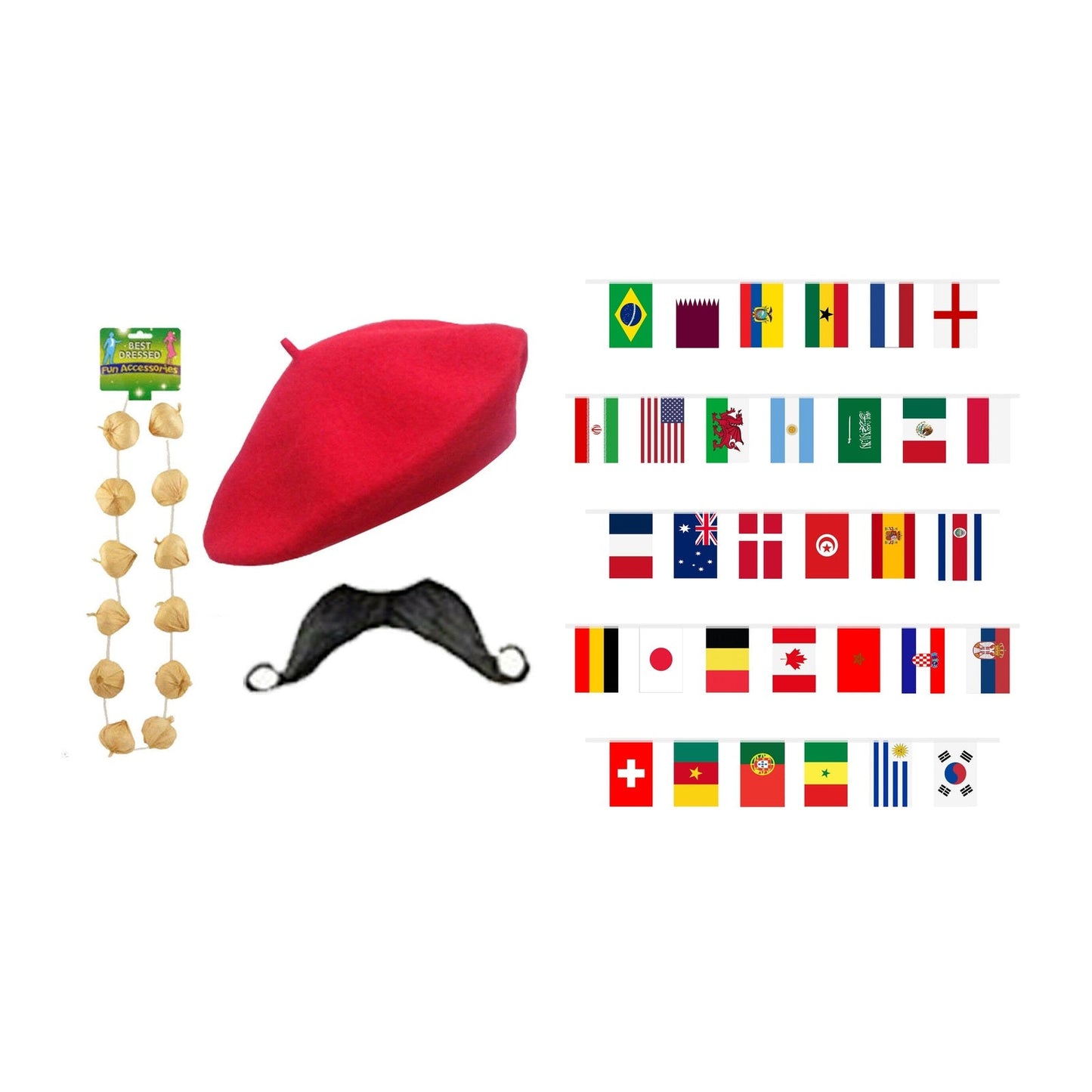 France Party Set – World Flags 7m Bunting, Red Beret, Garlic Garland & Moustache Set complete set on white background