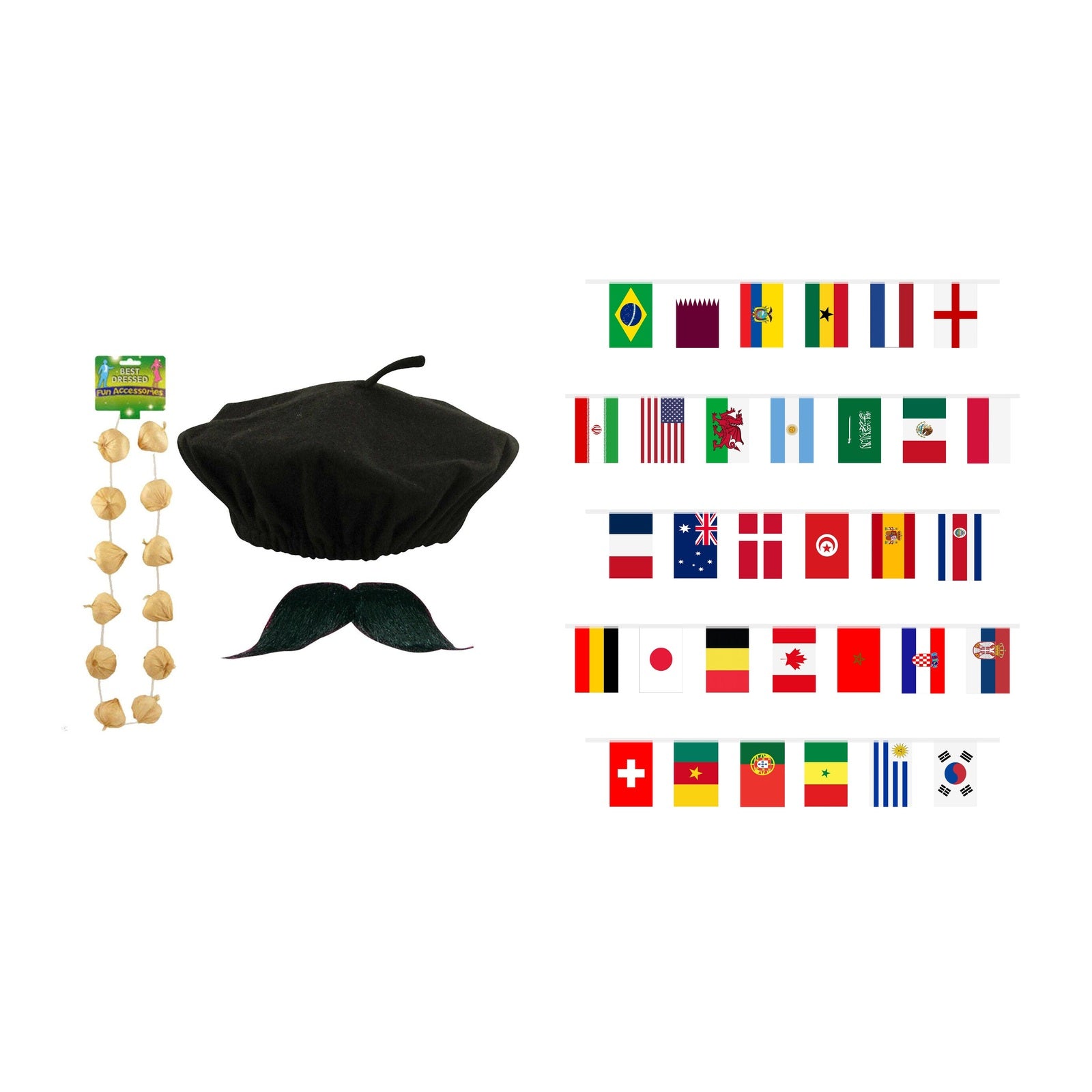 France Party Set – World Flags 7m Bunting, Black Beret, Garlic Garland & Moustache Set complete set on white background