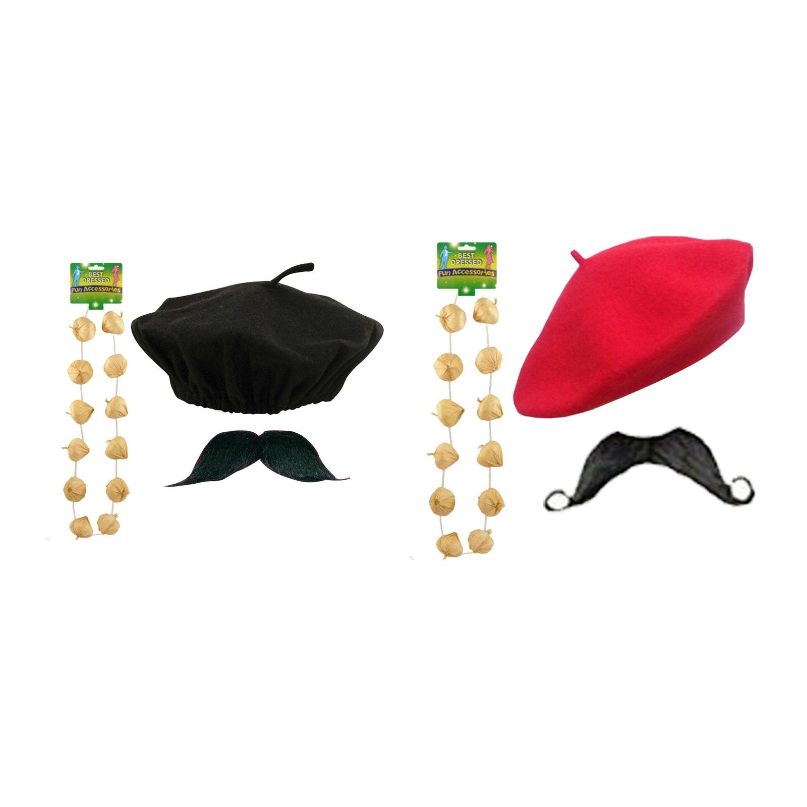 France Party Set – Red Beret, Garlic Garland & Moustache Set, Black Beret, Garlic Garland & Moustache Set complete set on white background