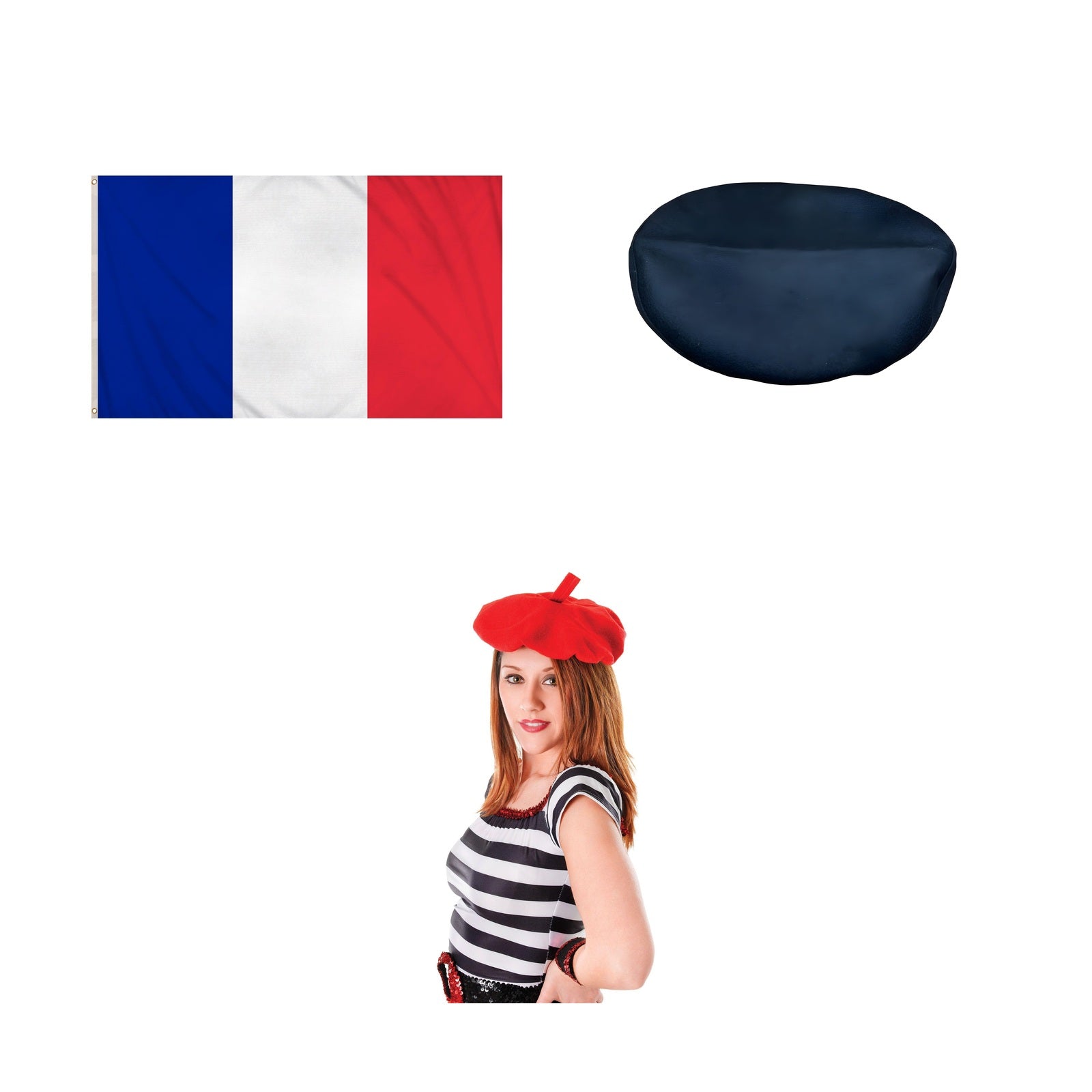 France Party Set – Red French Beret, Black French Beret, France 5ft x 3ft National Flag complete set on white background