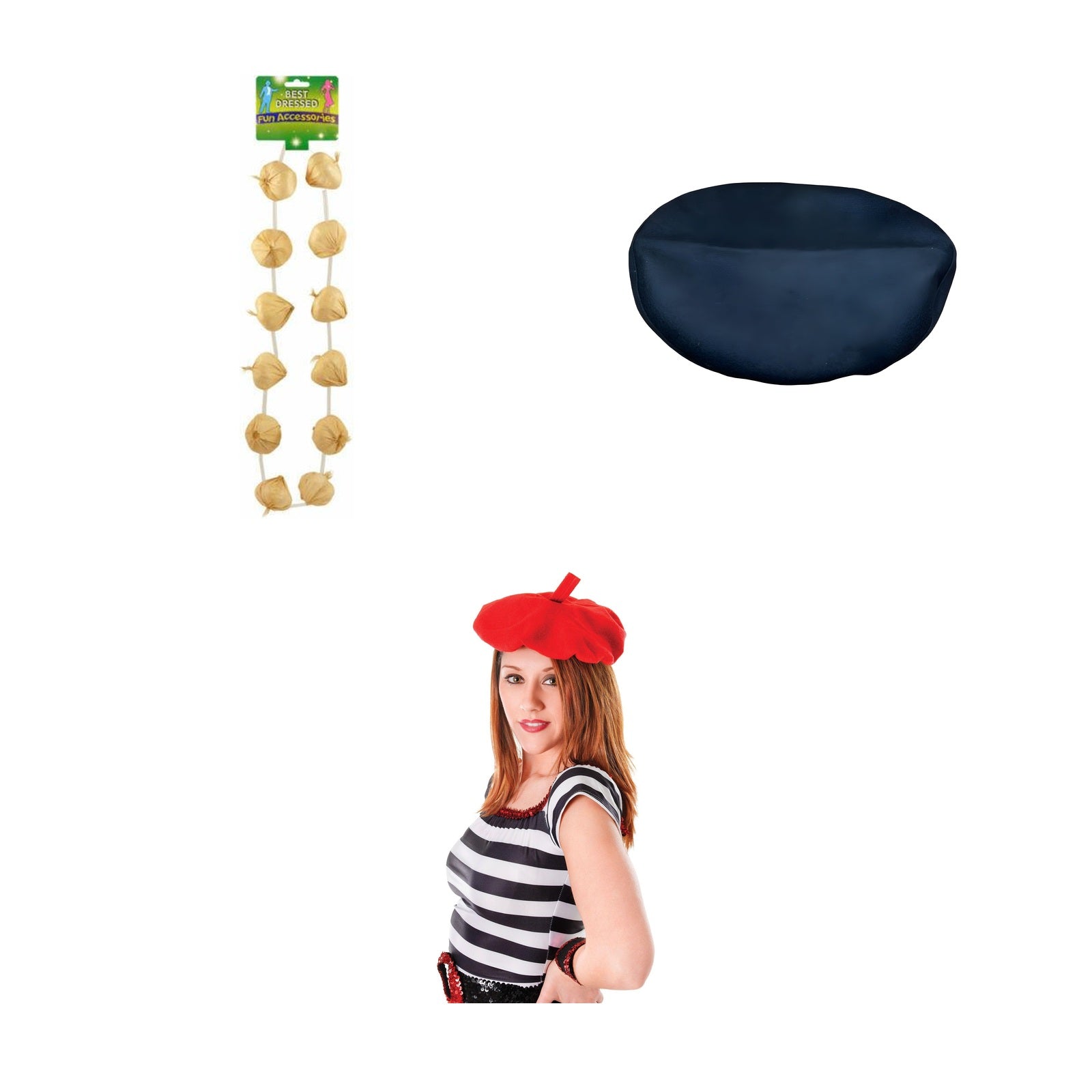 France Party Set – Red French Beret, Black French Beret, French Garlic Garland Necklace complete set on white background