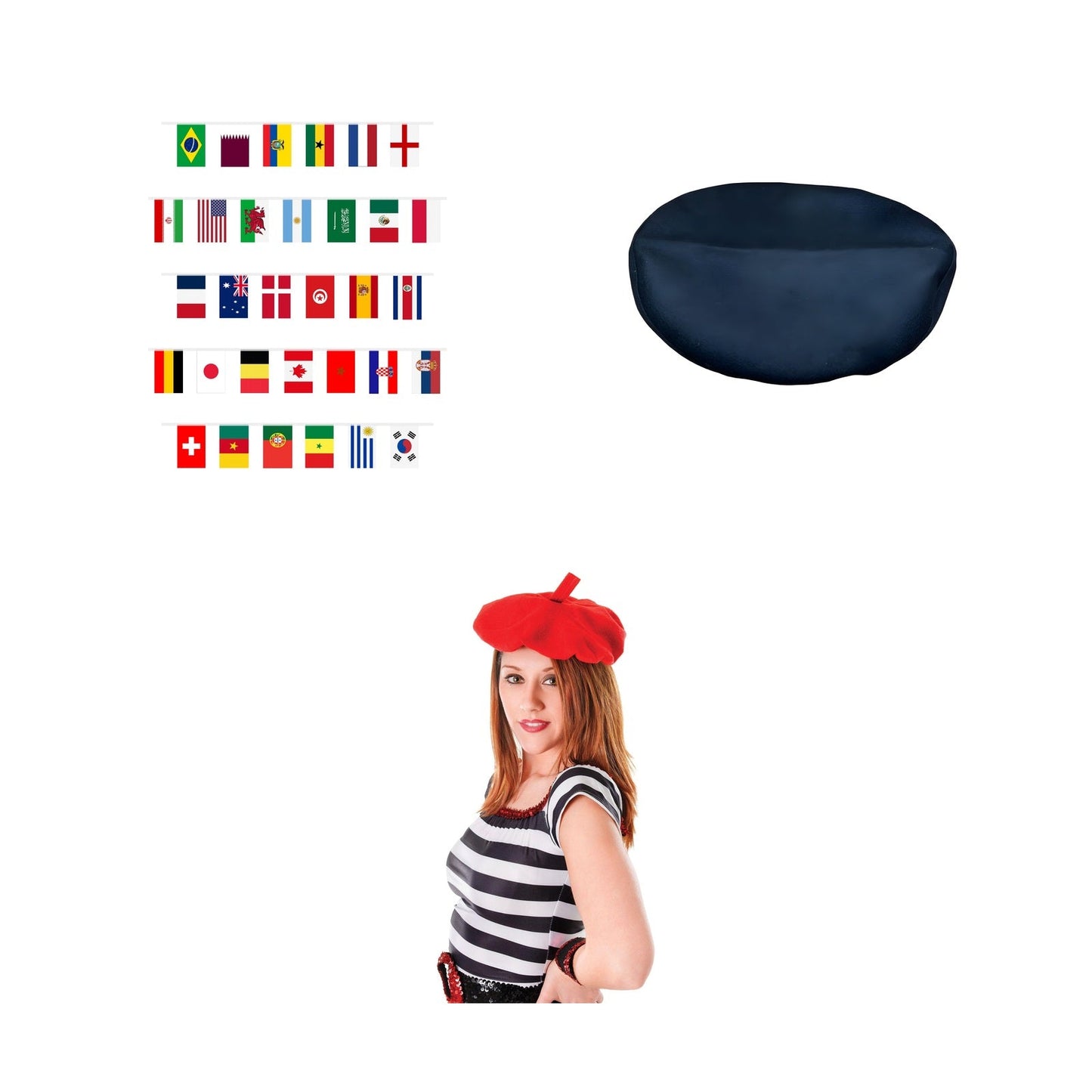 France Party Set – Red French Beret, Black French Beret, World Flags 7m Bunting complete set on white background