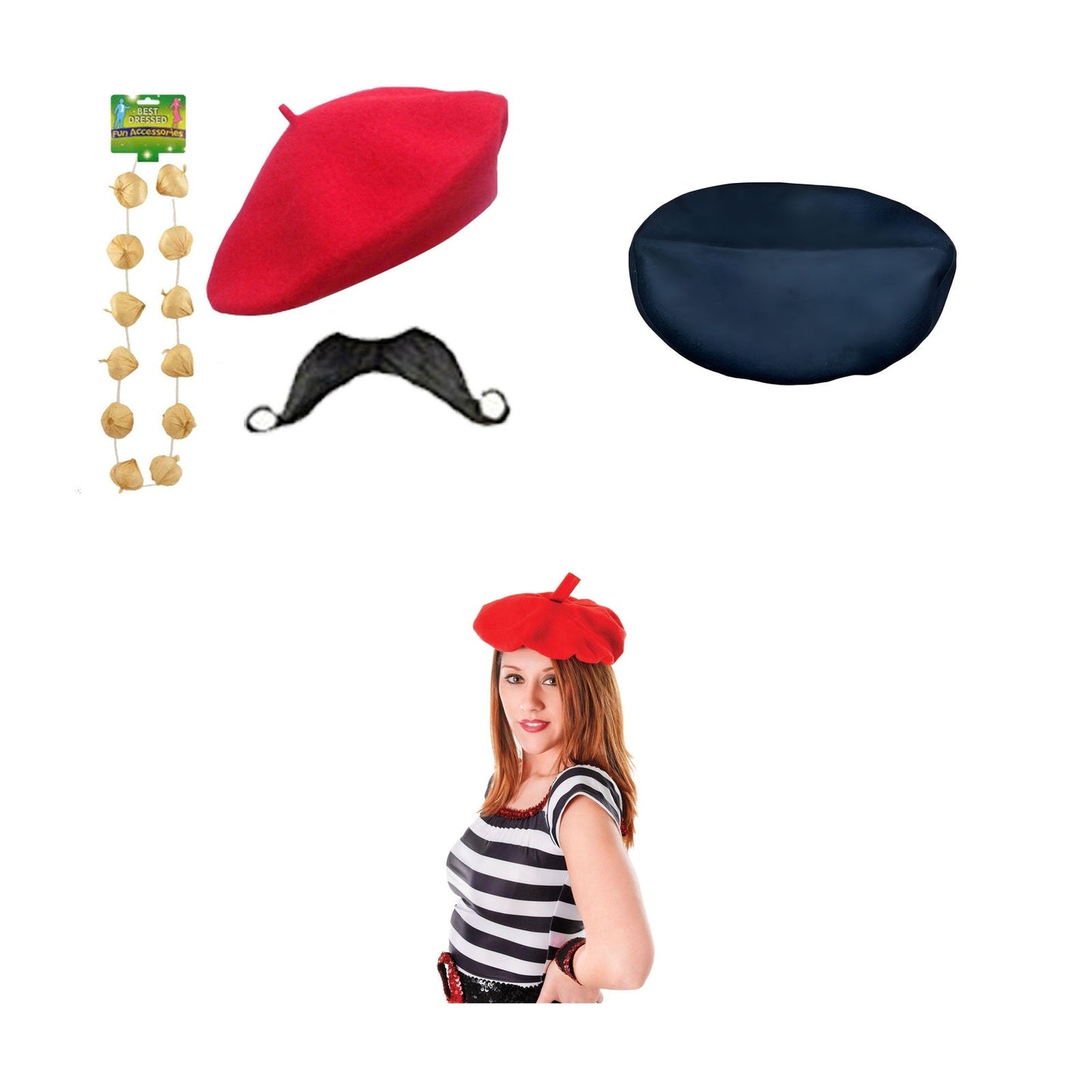 France Party Set – Red French Beret, Black French Beret, Red Beret, Garlic Garland & Moustache Set complete set on white background