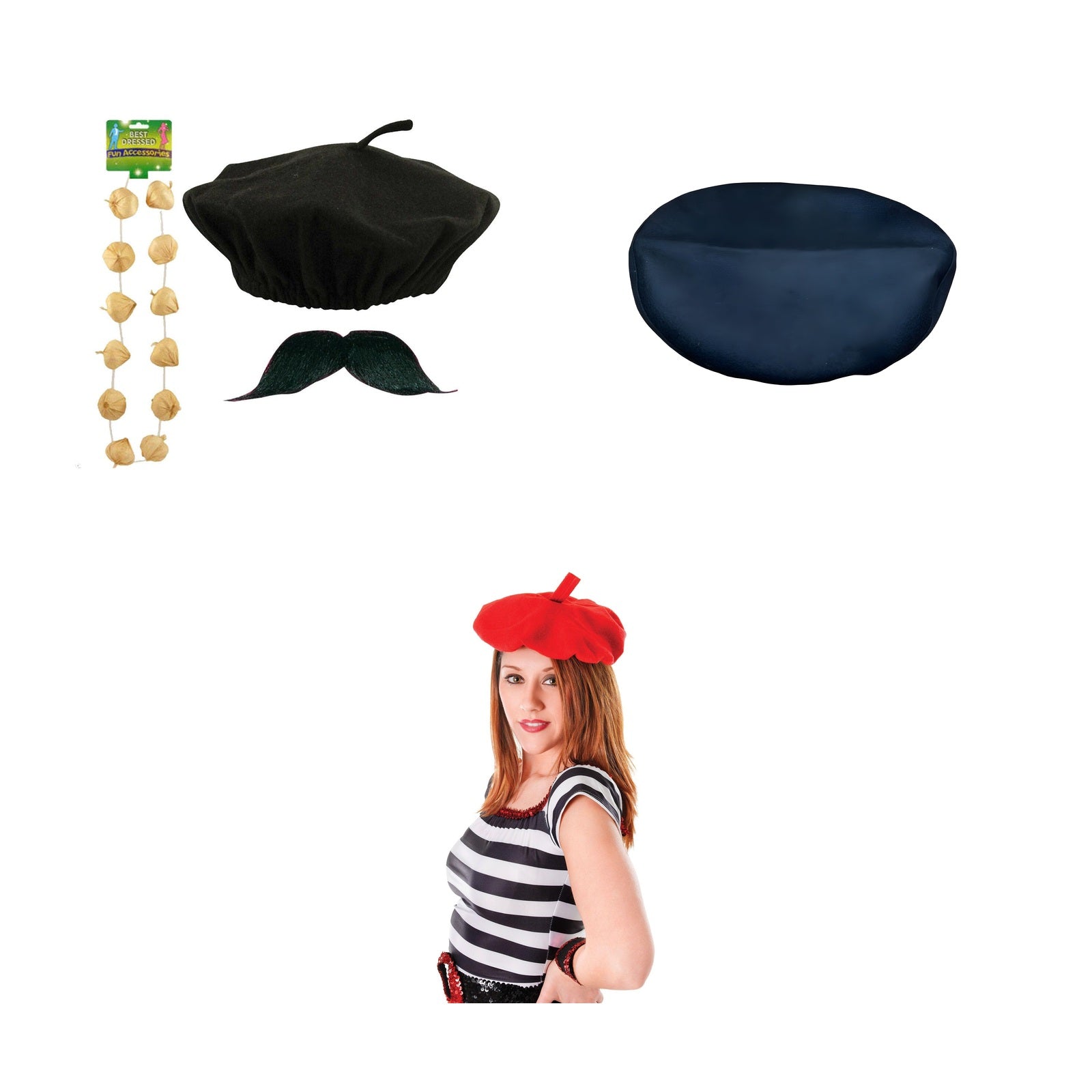 France Party Set – Red French Beret, Black French Beret, Black Beret, Garlic Garland & Moustache Set complete set on white background