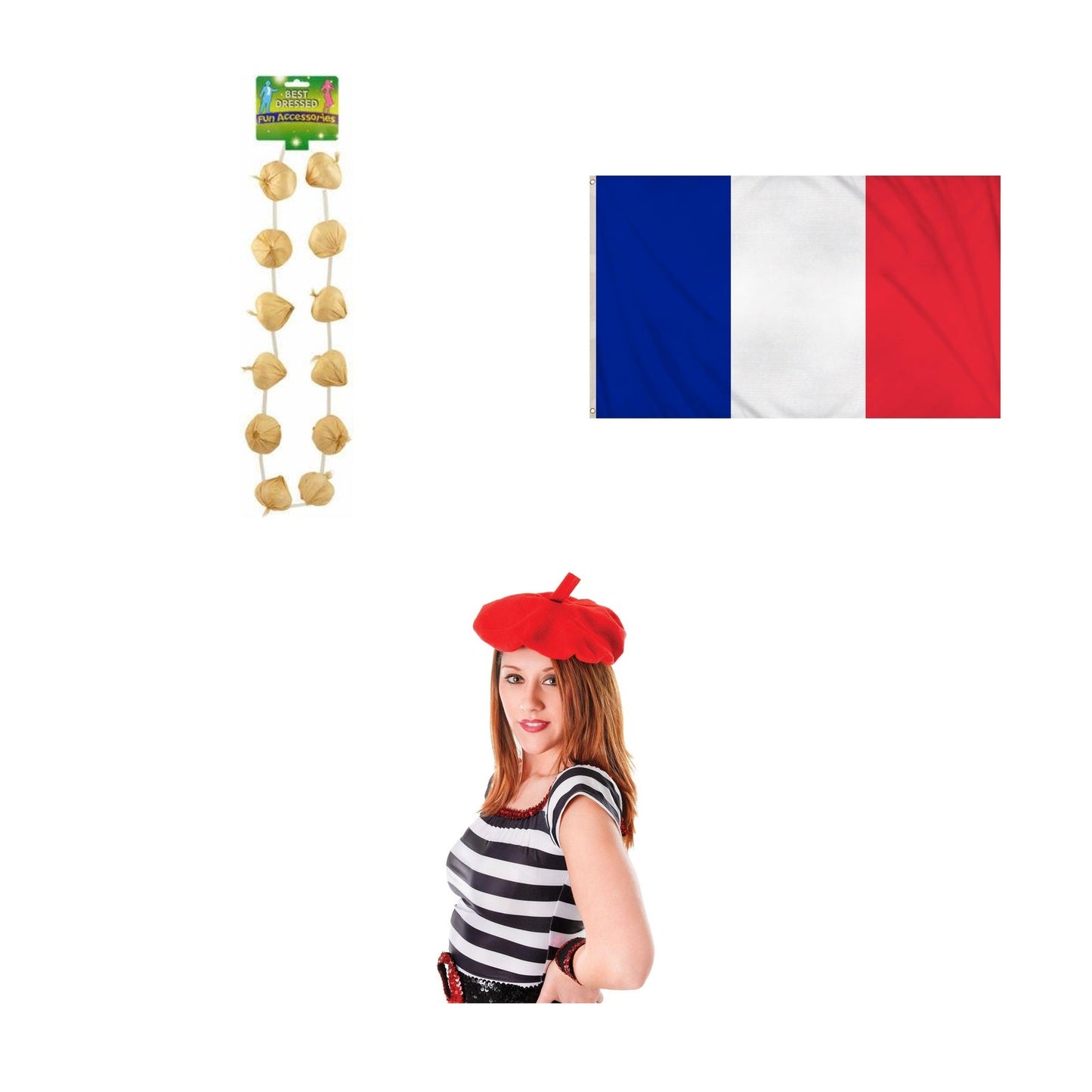France Party Set – Red French Beret, France 5ft x 3ft National Flag, French Garlic Garland Necklace complete set on white background