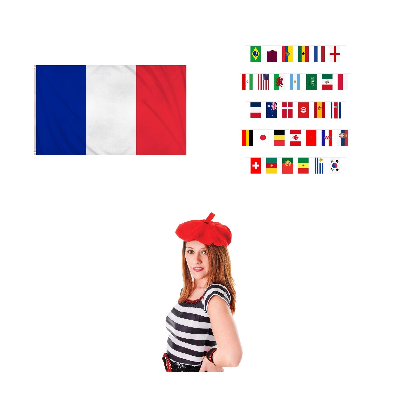 France Party Set – Red French Beret, France 5ft x 3ft National Flag, World Flags 7m Bunting complete set on white background
