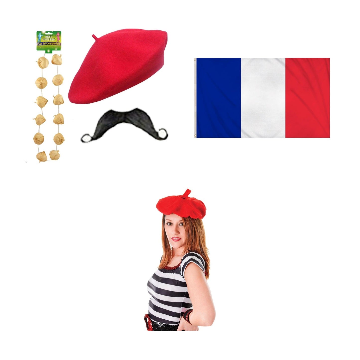 France Party Set – Red French Beret, France 5ft x 3ft National Flag, Red Beret, Garlic Garland & Moustache Set complete set on white background